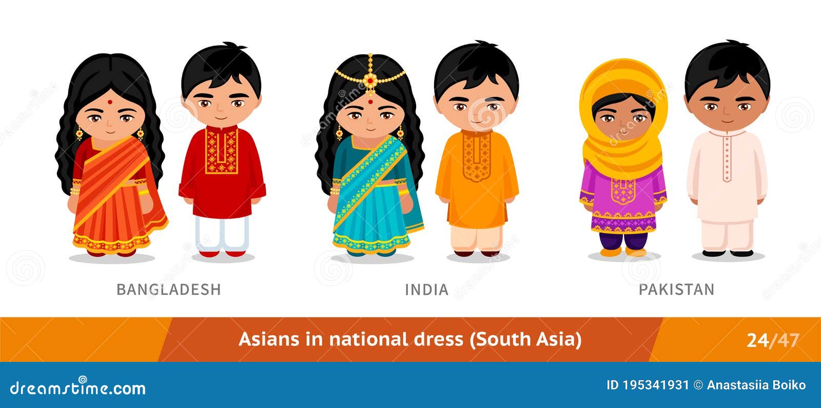 μπανγκλαντές πακιστάν. άνδρες και γυναίκες με εθνική ενδυμασία. σύνολο  ασιατών που φορούν εθνοτικά ρούχα. Διανυσματική απεικόνιση - εικονογραφία  από : 195341931