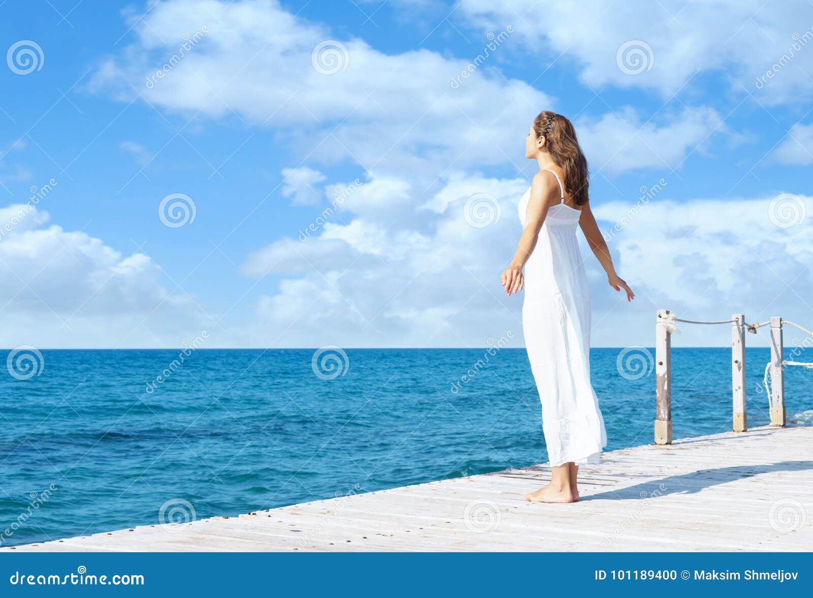 Πίσω άποψη μιας νέας γυναίκας που στέκεται σε μια αποβάθρα Πλάτη θάλασσας  και ουρανού Στοκ Εικόνες - εικόνα από sunlight, lifestyle: 101189400