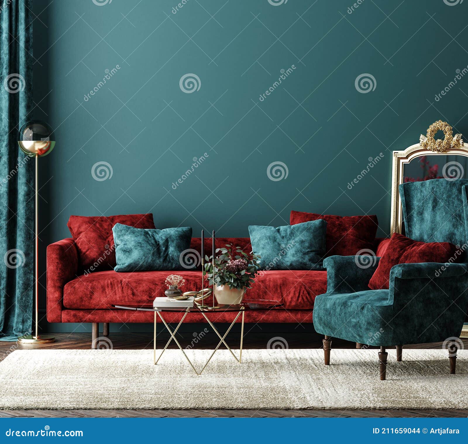 πλαίσιο μακέτας στο εσωτερικό του σκούρου πράσινου σπιτιού με κόκκινο  τραπέζι και διακόσμηση Απεικόνιση αποθεμάτων - εικονογραφία από arroyos,  armlet: 211659044
