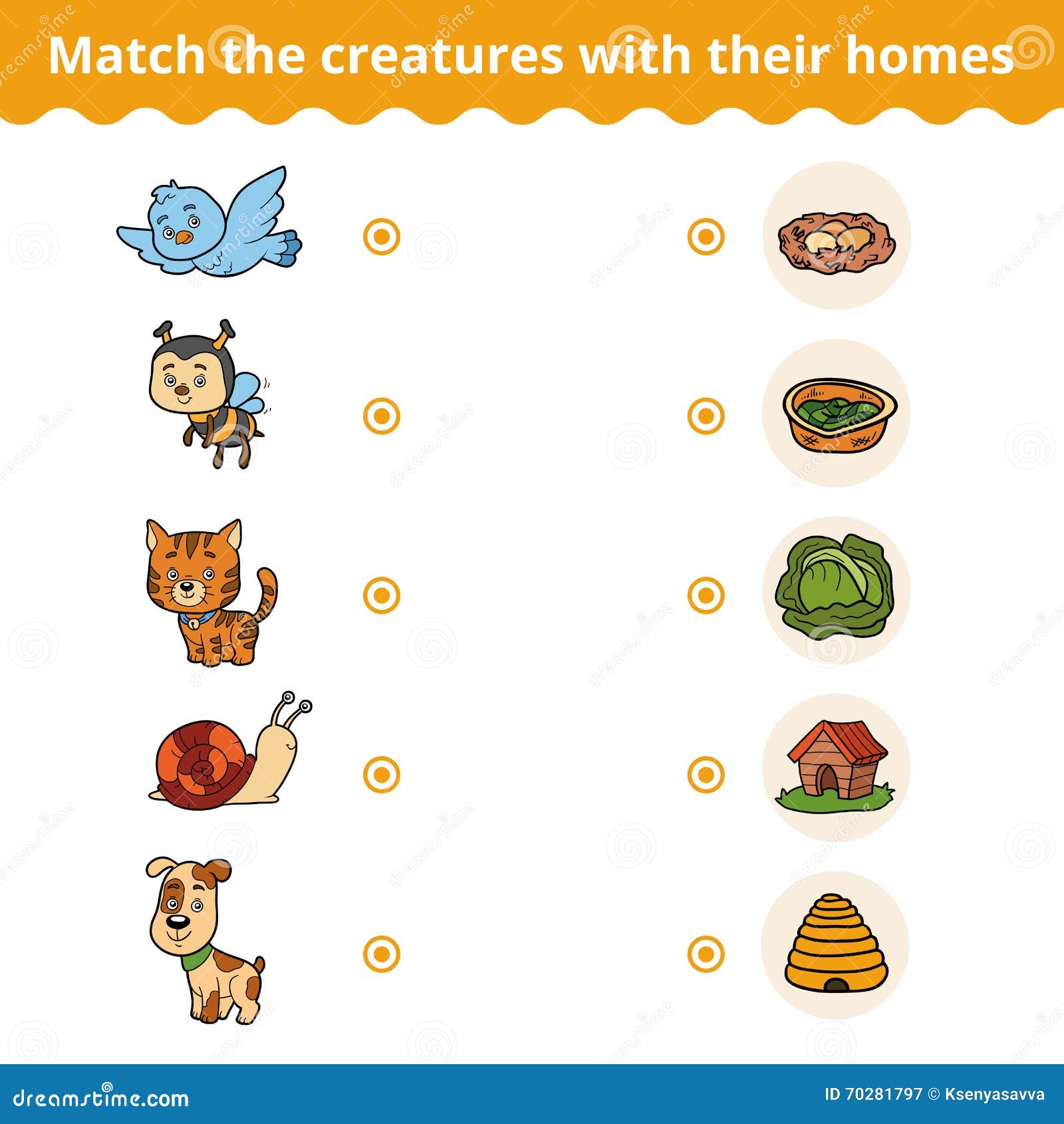 Ταιριάζοντας με παιχνίδι για τα παιδιά, τα ζώα και τα σπίτια τους  Διανυσματική απεικόνιση - εικονογραφία από birdbaths: 70281797