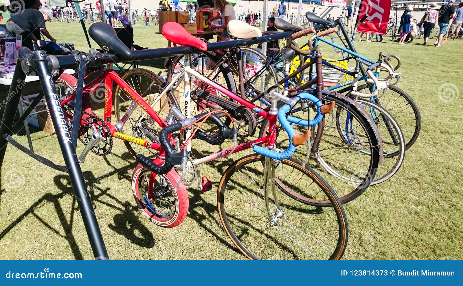 Τα μεταχειρισμένα ποδήλατα στο διαφορετικά μέγεθος και το εμπορικό σήμα για  την πώληση στο ποδηλατοδρόμιο του Καντέρμπουρυ στο ετ Εκδοτική Στοκ Εικόνες  - εικόνα από barfly, bicuspids: 123814373