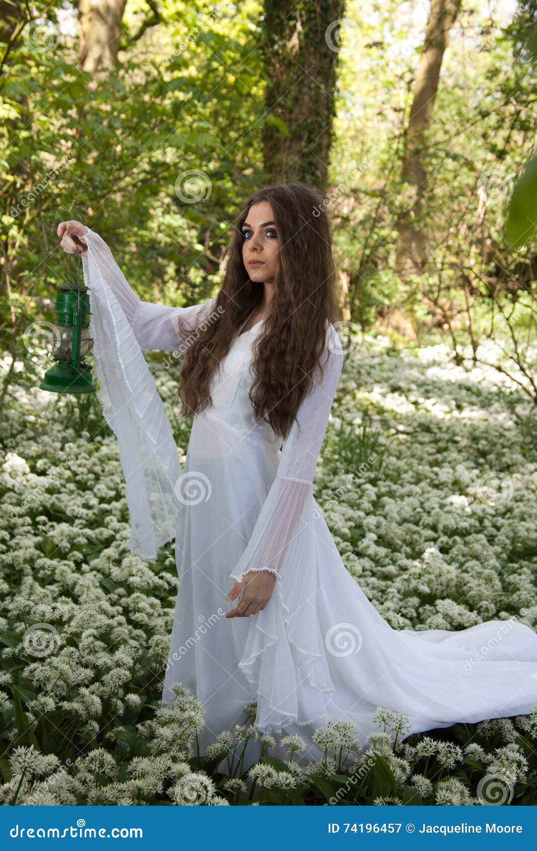 Όμορφη γυναίκα που φορά ένα μακρύ άσπρο φόρεμα που στέκεται σε ένα δάσος  Στοκ Εικόνα - εικόνα από wonderland, ancientness: 74196457