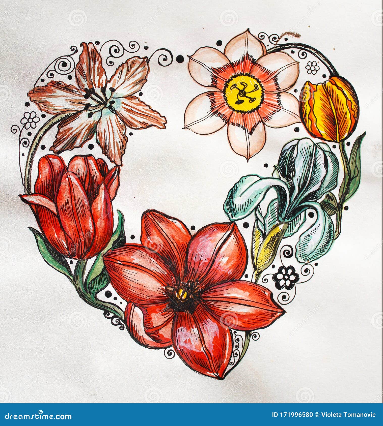 Абстрактная флористическая фон с цветами в форме сердца ручной работы.  Природа и любовь в день Святого валентина карандаша и цвето Иллюстрация  штока - иллюстрации насчитывающей мелки, сделано: 171996580