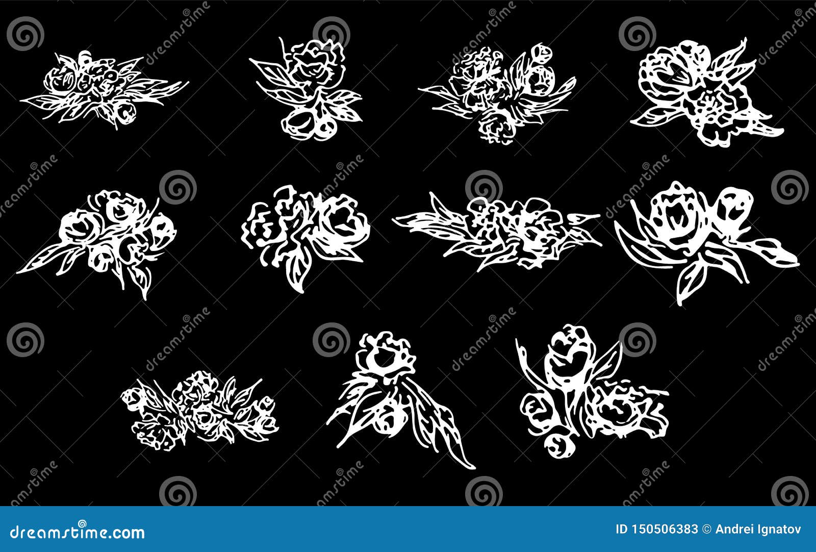 Абстрактные пионы и розы изолированные на черной предпосылке Собрание руки вычерченное флористическое 11 флористический графическ Иллюстрация штока - иллюстрации насчитывающей каракули, ягод: 150506383