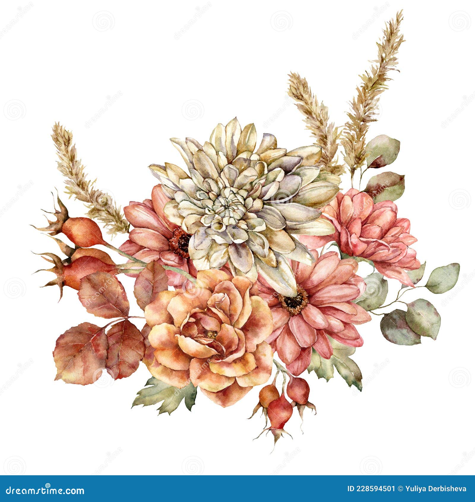 акварельный осенний букет из листьев роз и травы пампас. красные луговые  цветы Иллюстрация штока - иллюстрации насчитывающей природа, зеленый:  228594501