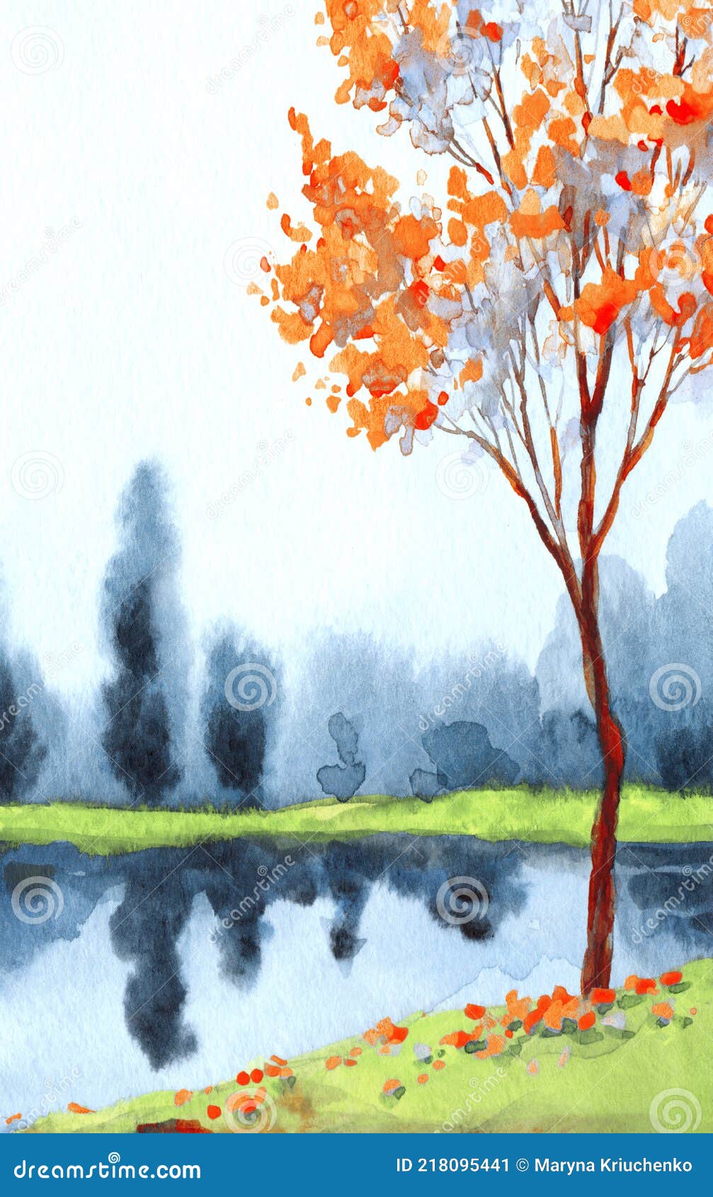 акварельный пейзаж. цветущее дерево у озера Стоковое Изображение - изображение насчитывающей чертеж, море: 218095441