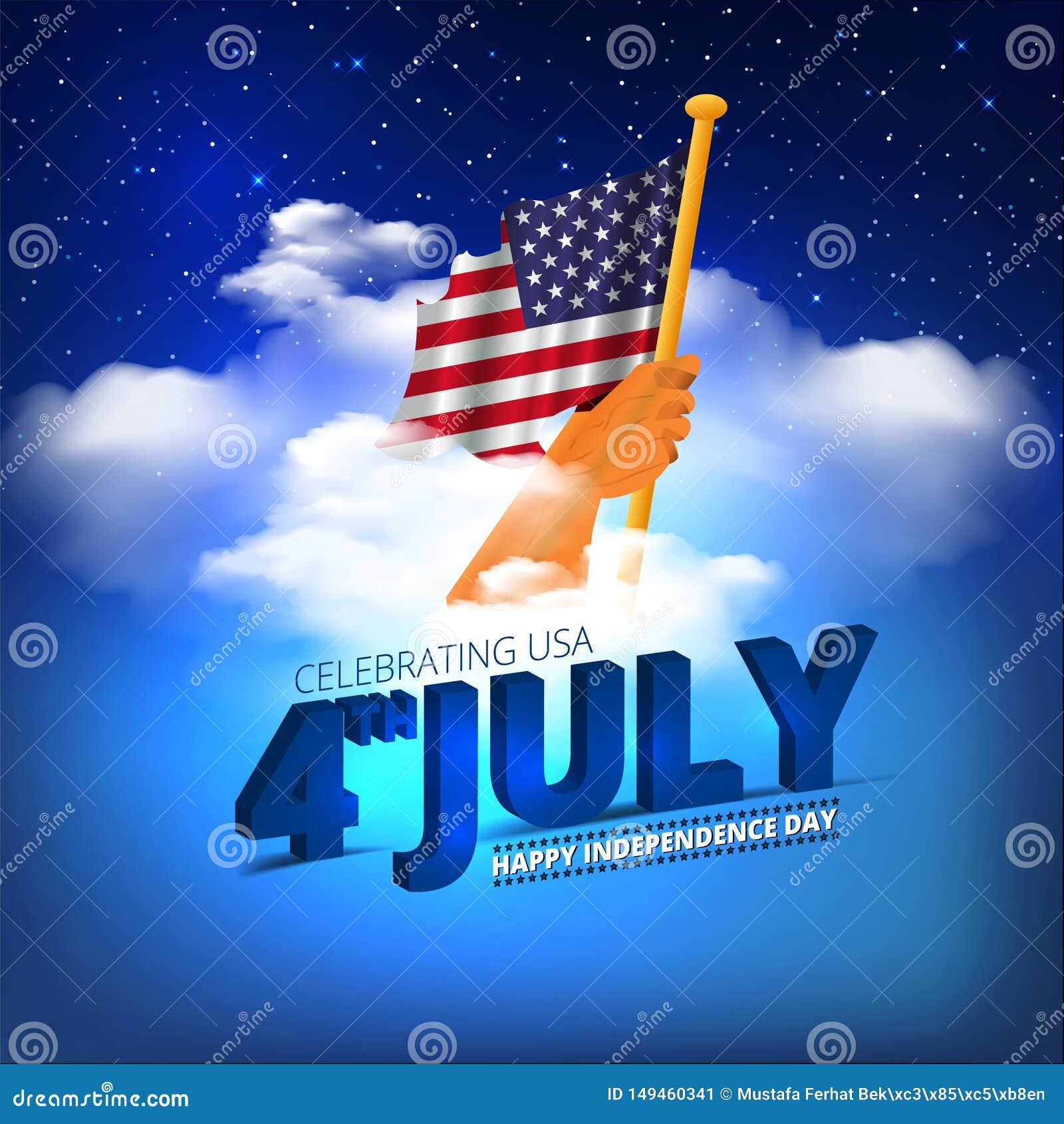 Американский флаг развевая в руке человека в облаках голубого неба и 4-ом  из сообщения торжества Дня независимости в июле америка Иллюстрация вектора  - иллюстрации насчитывающей мой, торжество: 149460341