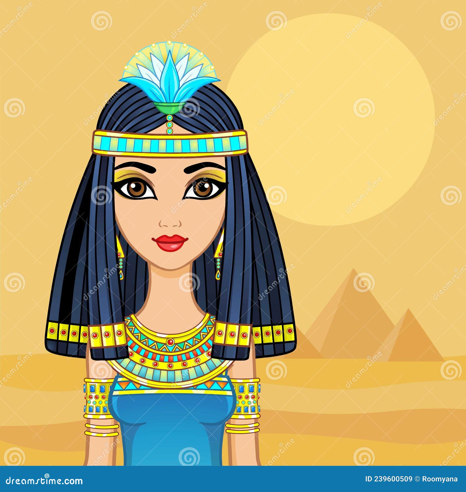 анимированная цыганка в древней одежде с цветком папируса на голове.  Королева богиня принцесса. Иллюстрация вектора - иллюстрации насчитывающей  серьги, красивейшее: 239600509