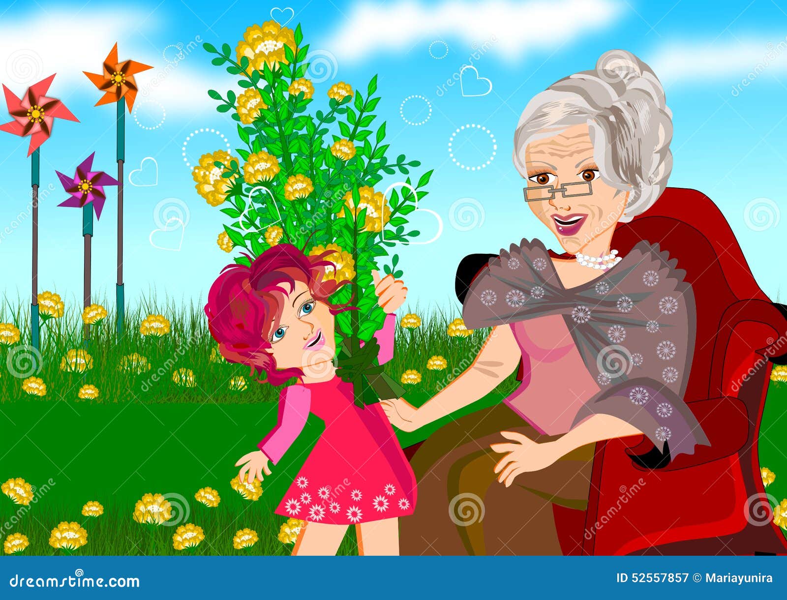 I visit my granny next week. Бабушка и внучка. Бабушка с внучкой в цветах. Бабушка с внучатами иллюстрации. Бабушка и внуки мультяшные.