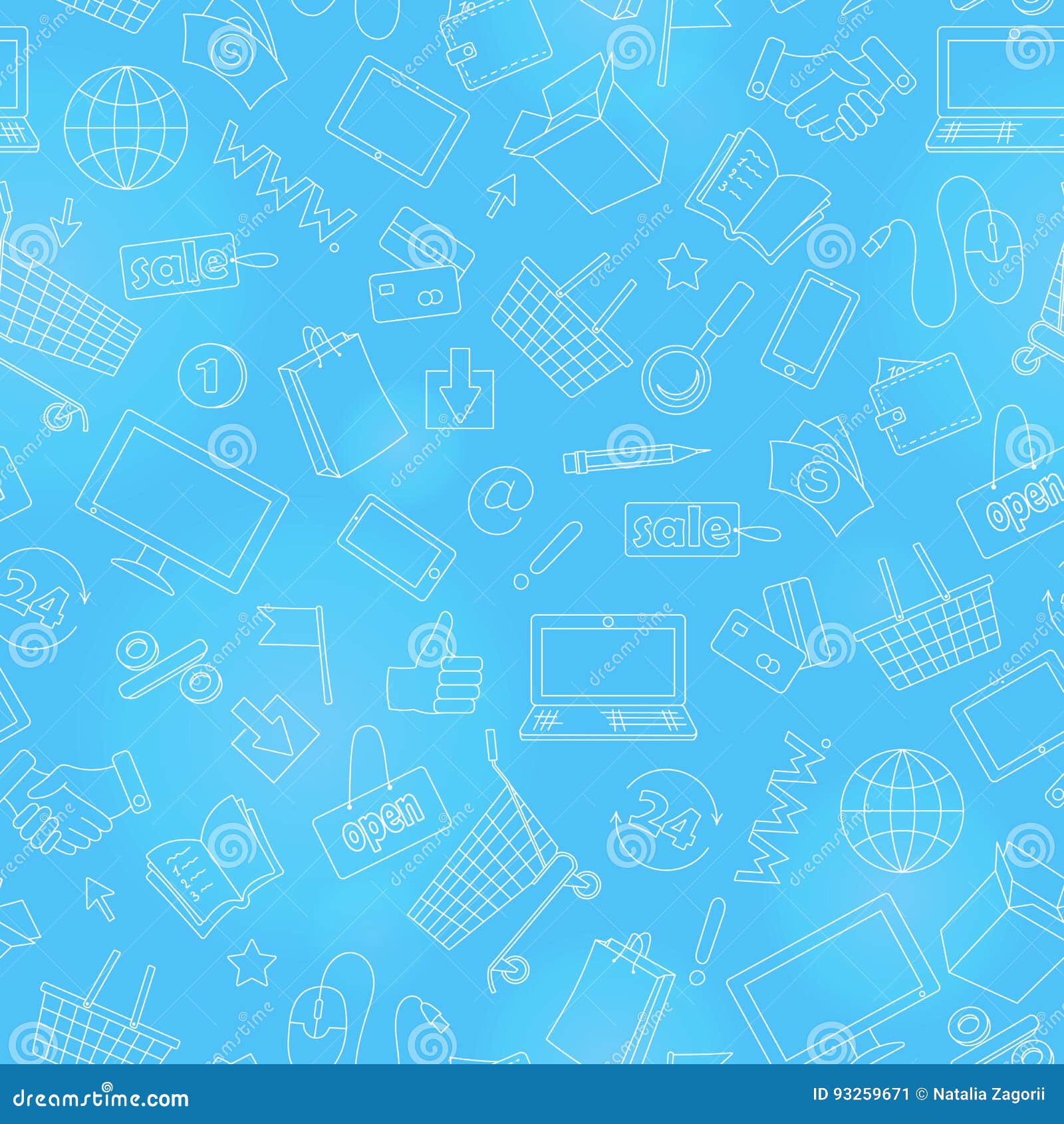 Безшовная иллюстрация на теме онлайн покупок и интернета ходит по магазинам, светлый контур на голубой предпосылке Иллюстрация вектора - иллюстрации насчитывающей дело, план: 93259671
