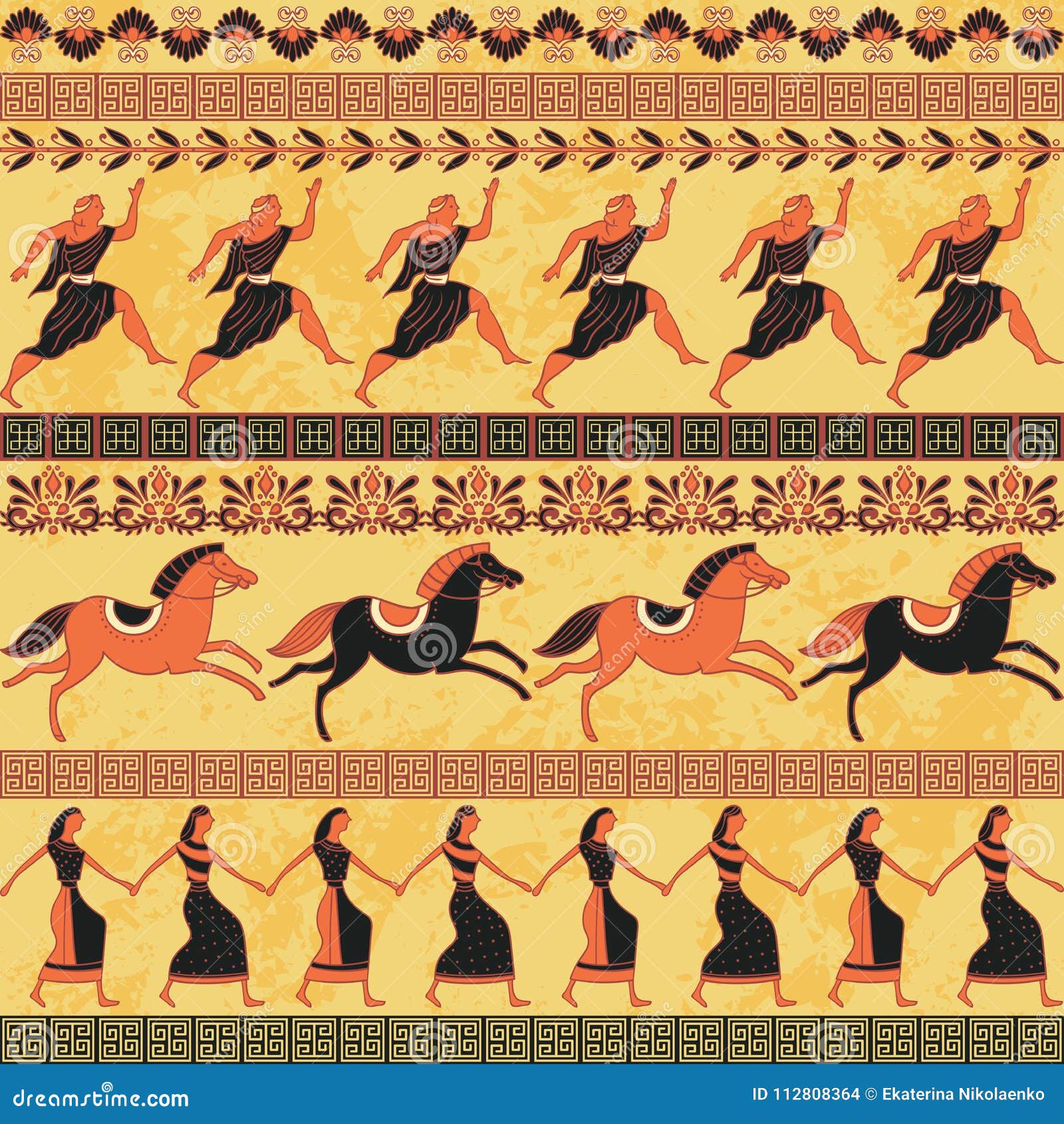 Безшовная картина с людьми, лошадями и орнаментом древнегреческия  Традиционное этническое происхождение Иллюстрация вектора - иллюстрации  насчитывающей декоративно, греческо: 112808364