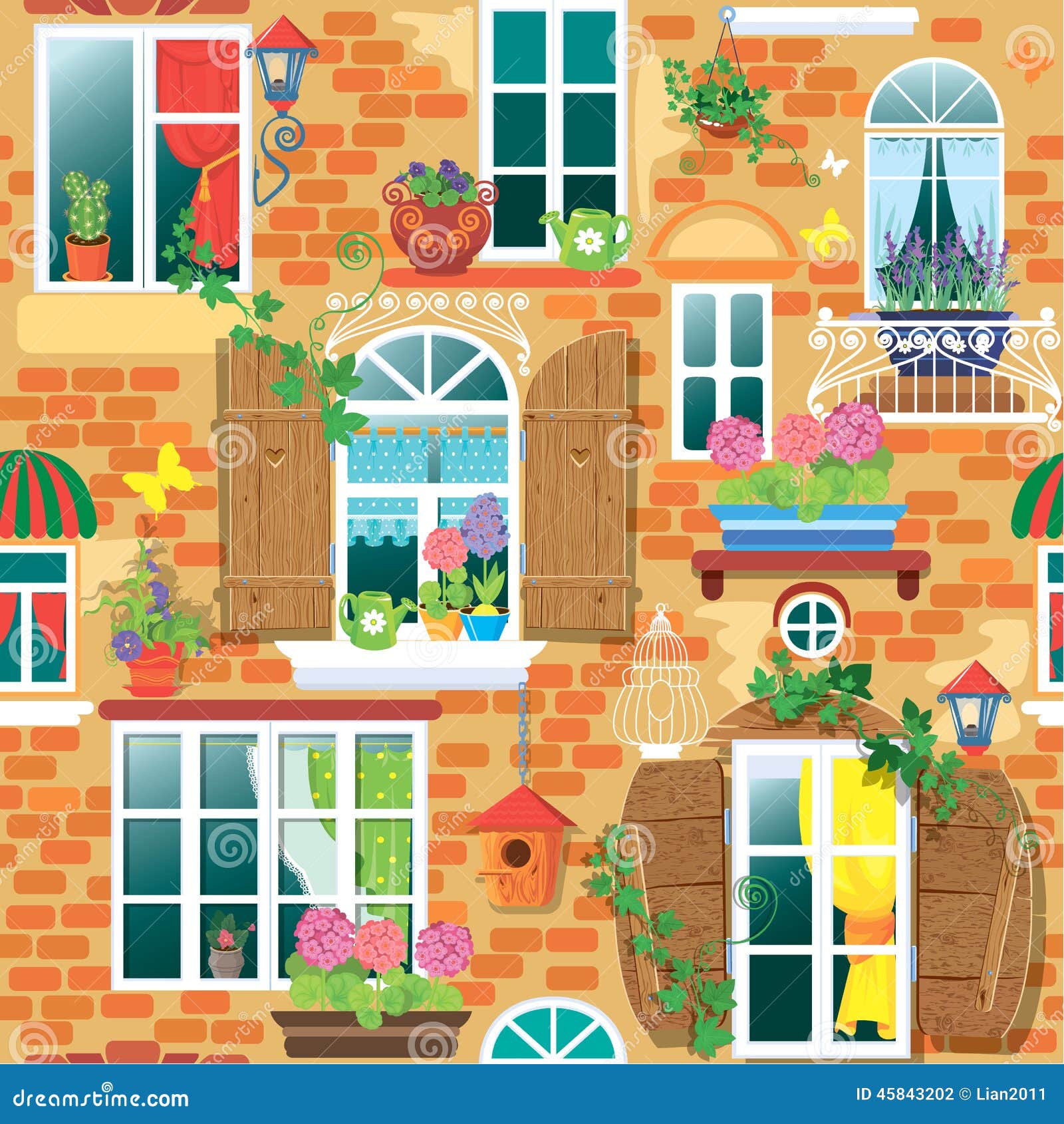 Безшовная картина с Windows и цветки в баках Иллюстрация вектора -  иллюстрации насчитывающей домоец, день: 45843202