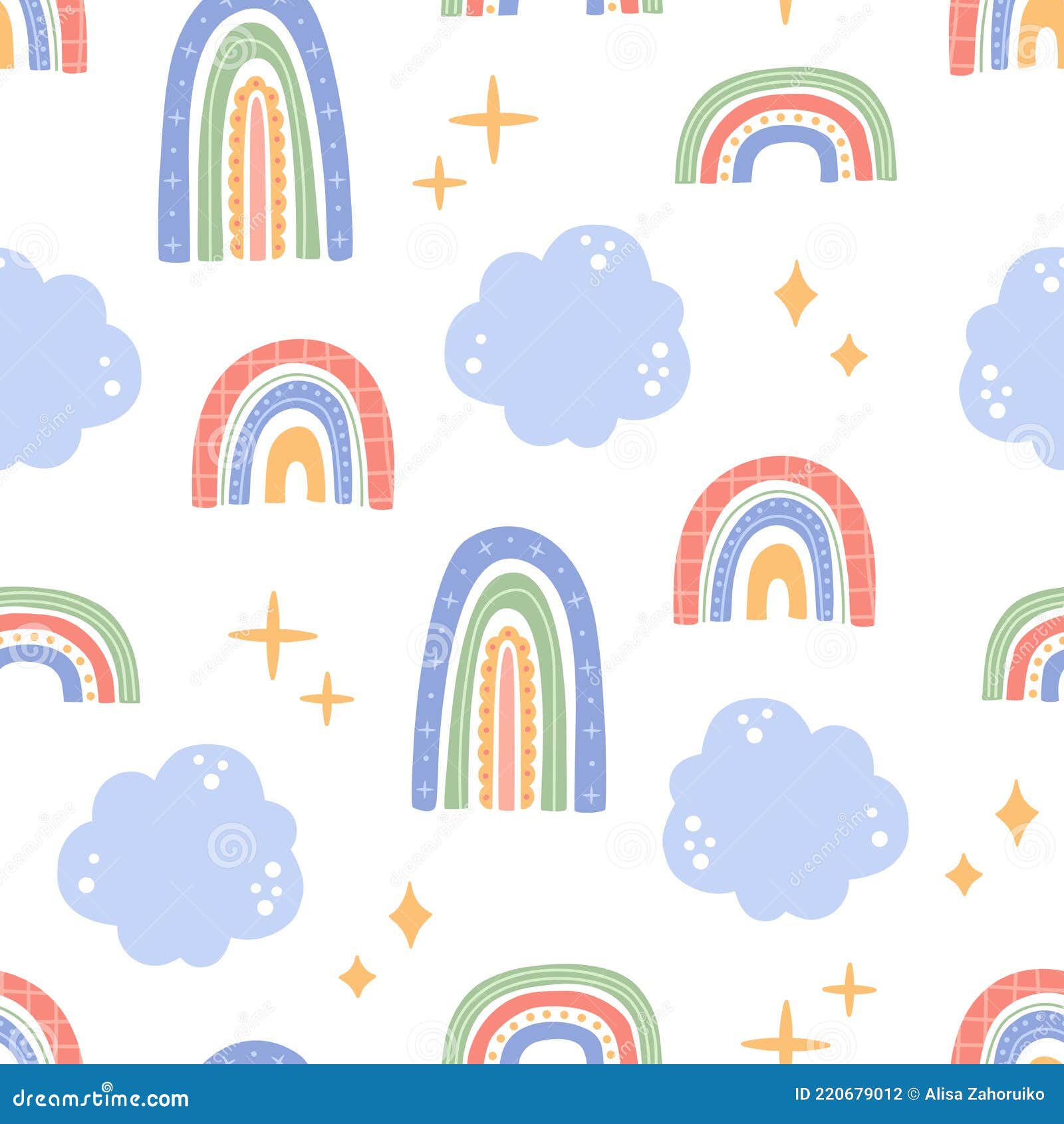 Premium Vector | Cute rainbow seamless pattern with clouds, kawaii abstract  pastel colors shape, childish hand drawn elements in trendy modern doodle  flat style. vector illustration for fabric, textile and wallpaper