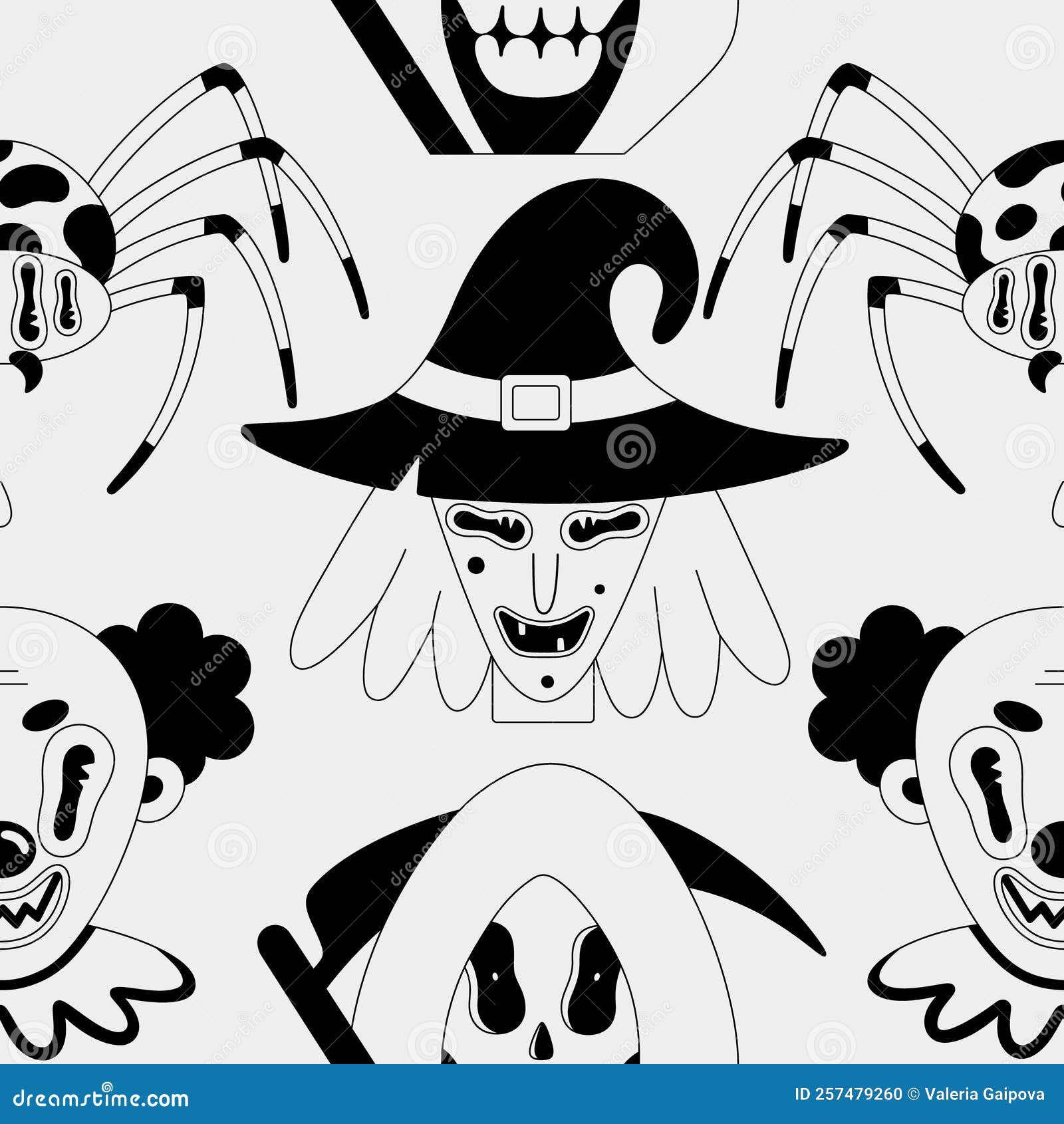 бесшовный узор. черные фантастические персонажи на белом фоне. ядовитый  паук, жуткий клоун Иллюстрация вектора - иллюстрации насчитывающей  иллюстрация, план: 257479260