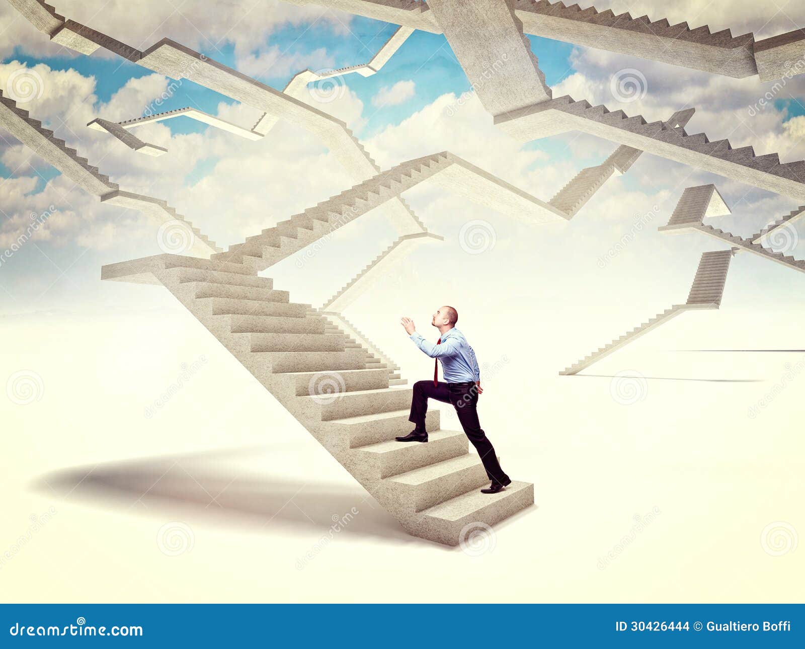 Вам нужно подняться по лестнице. Человек на лестнице. Лестница жизни. Стремление к достижению цели. Лестница в будущее.