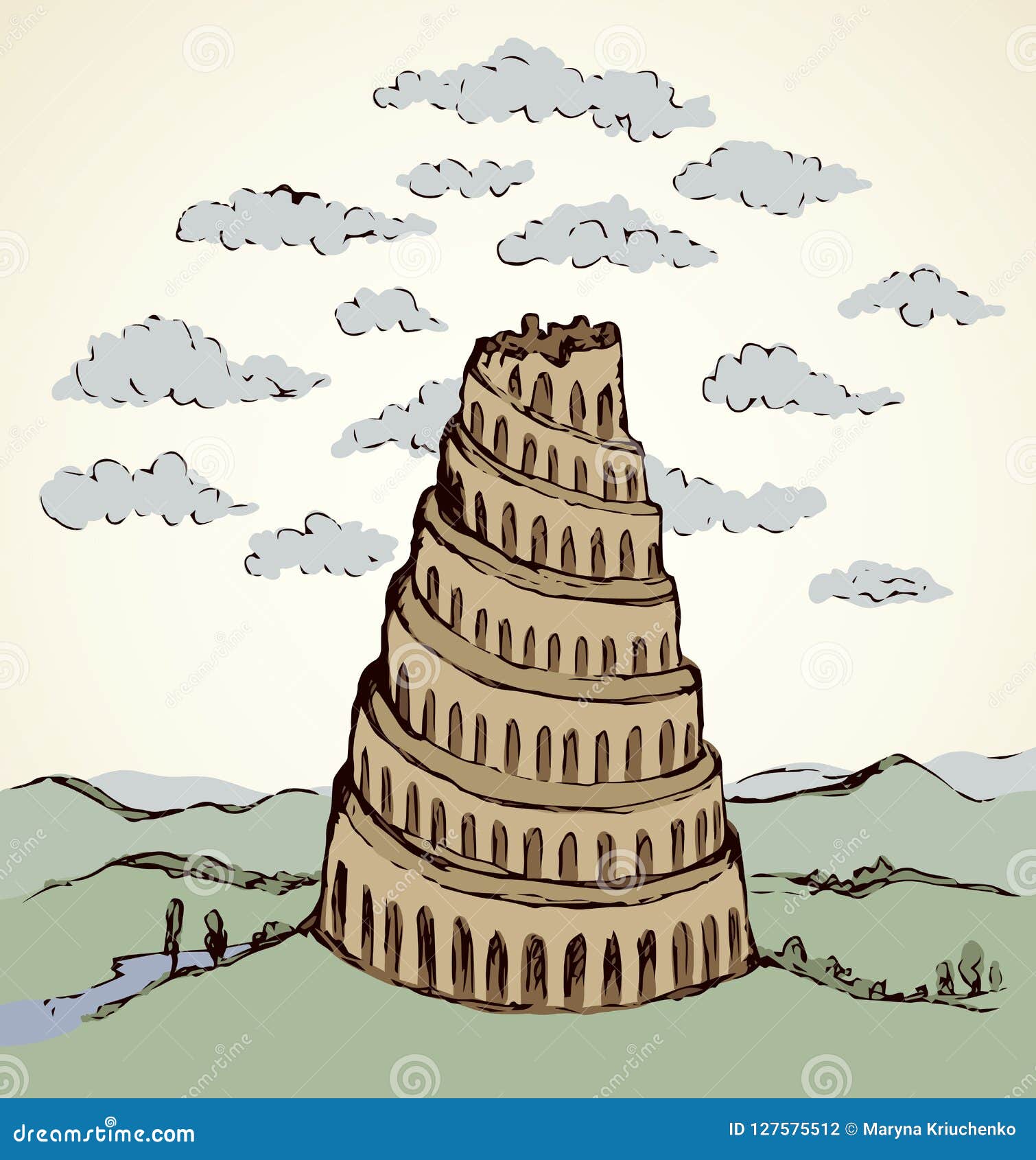 вавилонская башня предпосылка рисуя флористический вектор травы Иллюстрация  вектора - иллюстрации насчитывающей мифология, месопотамия: 127575512