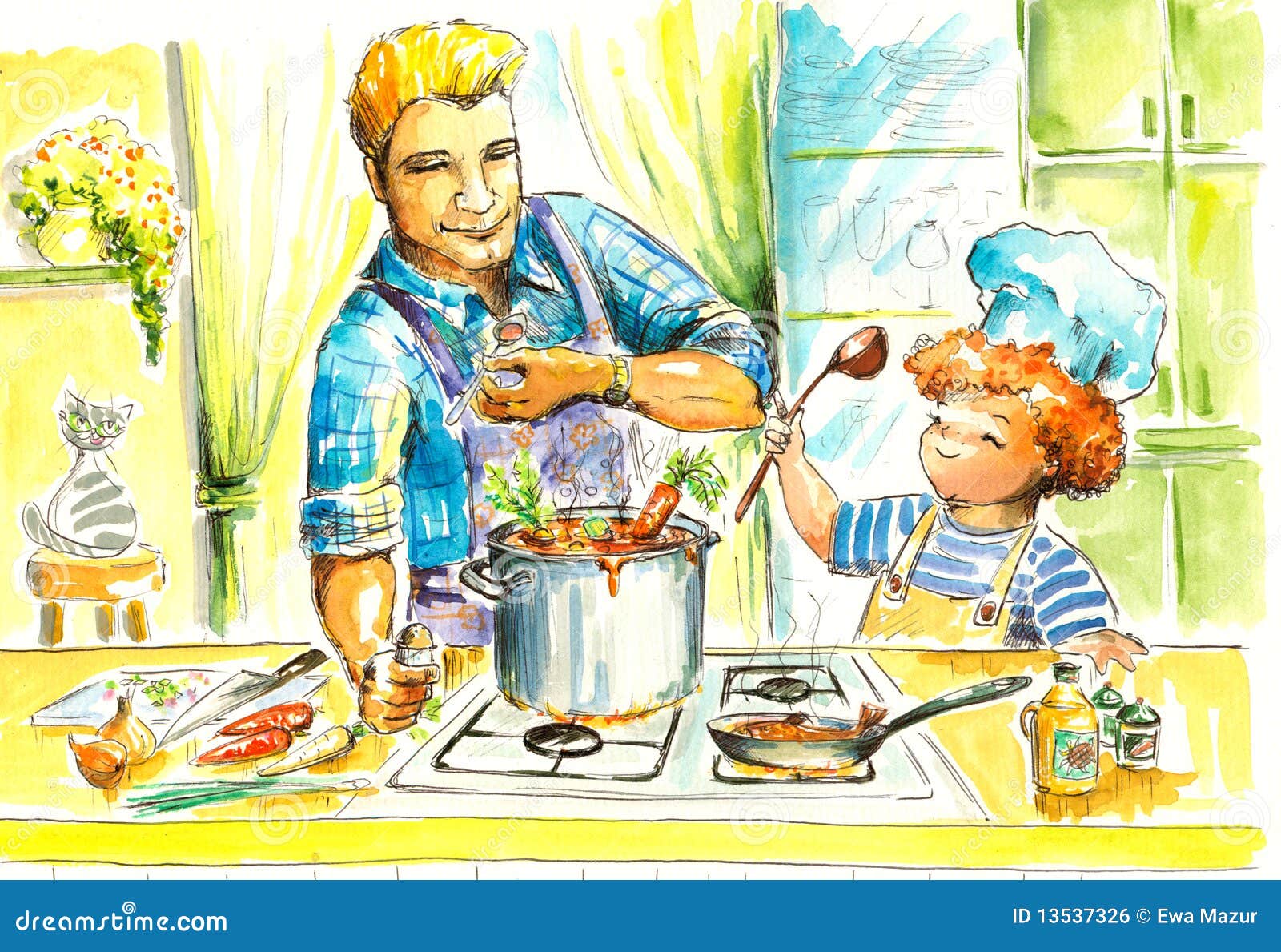 Приходит сын на кухню. Мамин помощник рисунок. Папа готовит суп. Иллюстрация мальчик на кухне. Сюжетная картина семейный ужи.