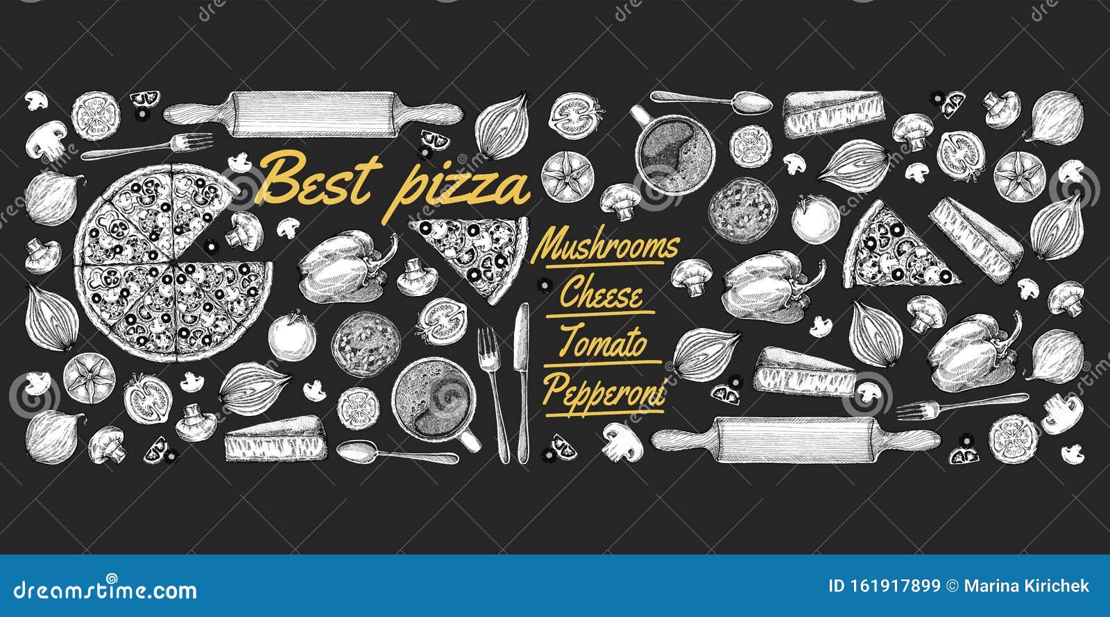Векторный рисование, пицца, стол, органические продукты питания Иллюстрация  пиццы, нарисованной вручную Отлично подходит для меню Иллюстрация вектора -  иллюстрации насчитывающей рука, наконечников: 161917899