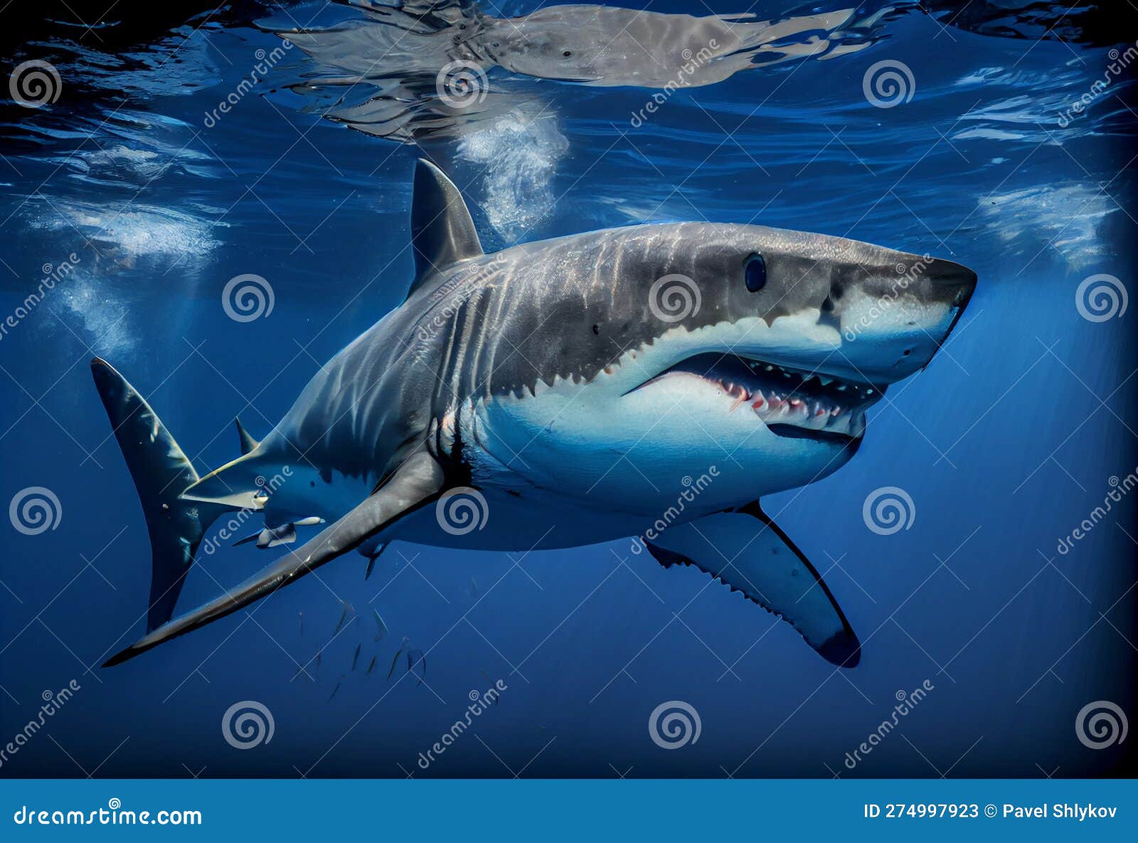 великая белая акула большая рыба-хищник кархародон кархарии величественная агрессивная акула глубокий голубой океан Иллюстрация штока - иллюстрации насчитывающей ��ыбы, океан: 274997923