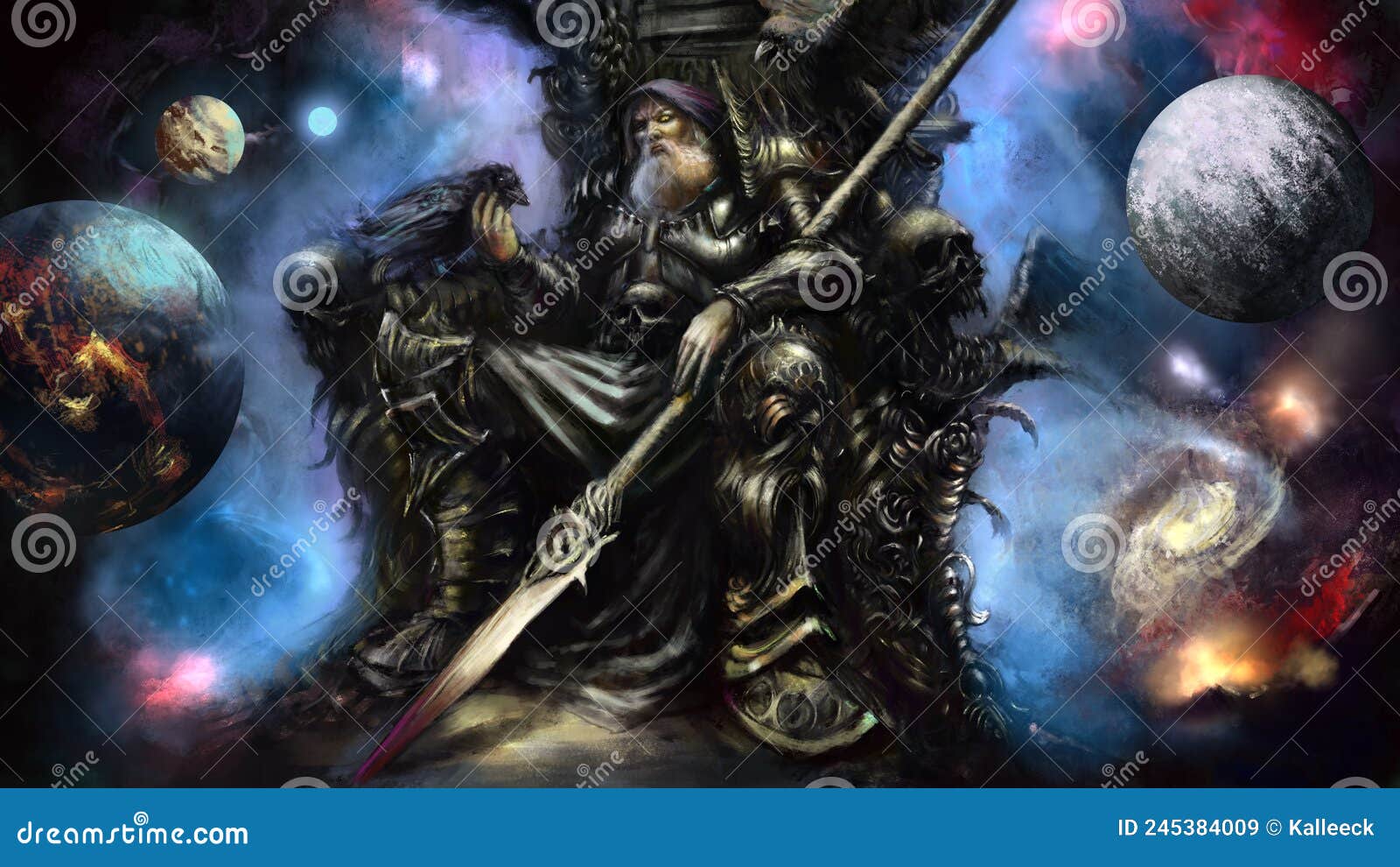 великий скандинавский бог один сидит на троне в космосе рядом с ним - два  ворона Иллюстрация штока - иллюстрации насчитывающей мифы, злюще: 245384009