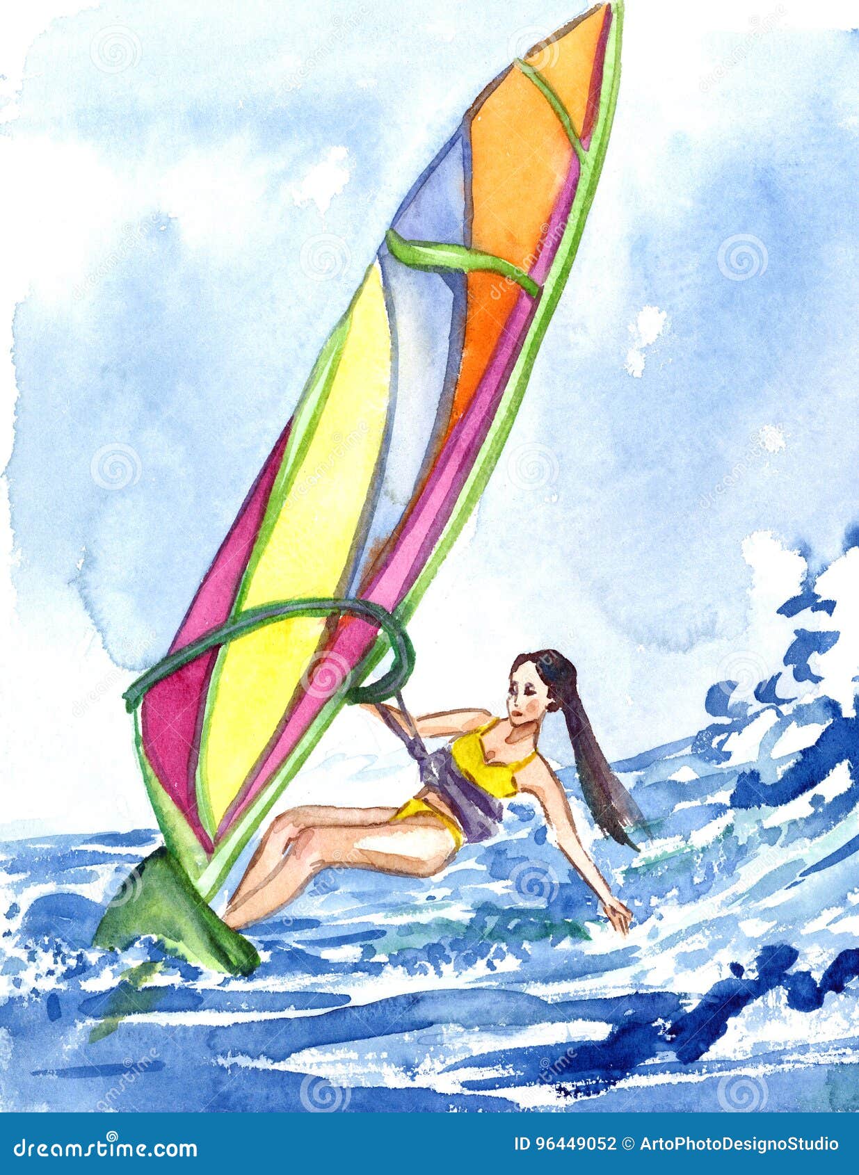 Виндсерфинг девушки на предпосылке волны, моря и неба Иллюстрация штока -  иллюстрации насчитывающей актиния, пригодность: 96449052