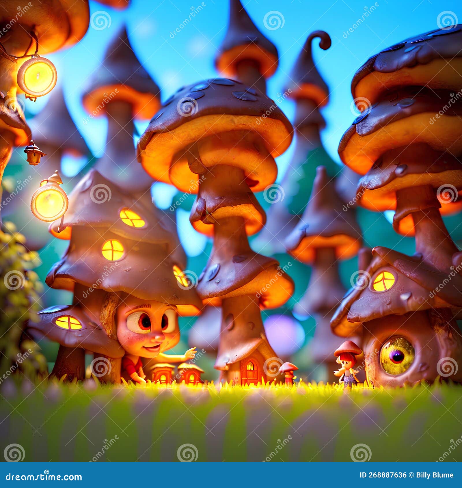 волшебная деревня с грибными домами тролль дети играют светящиеся огни  Иллюстрация штока - иллюстрации насчитывающей мило, шарж: 268887636