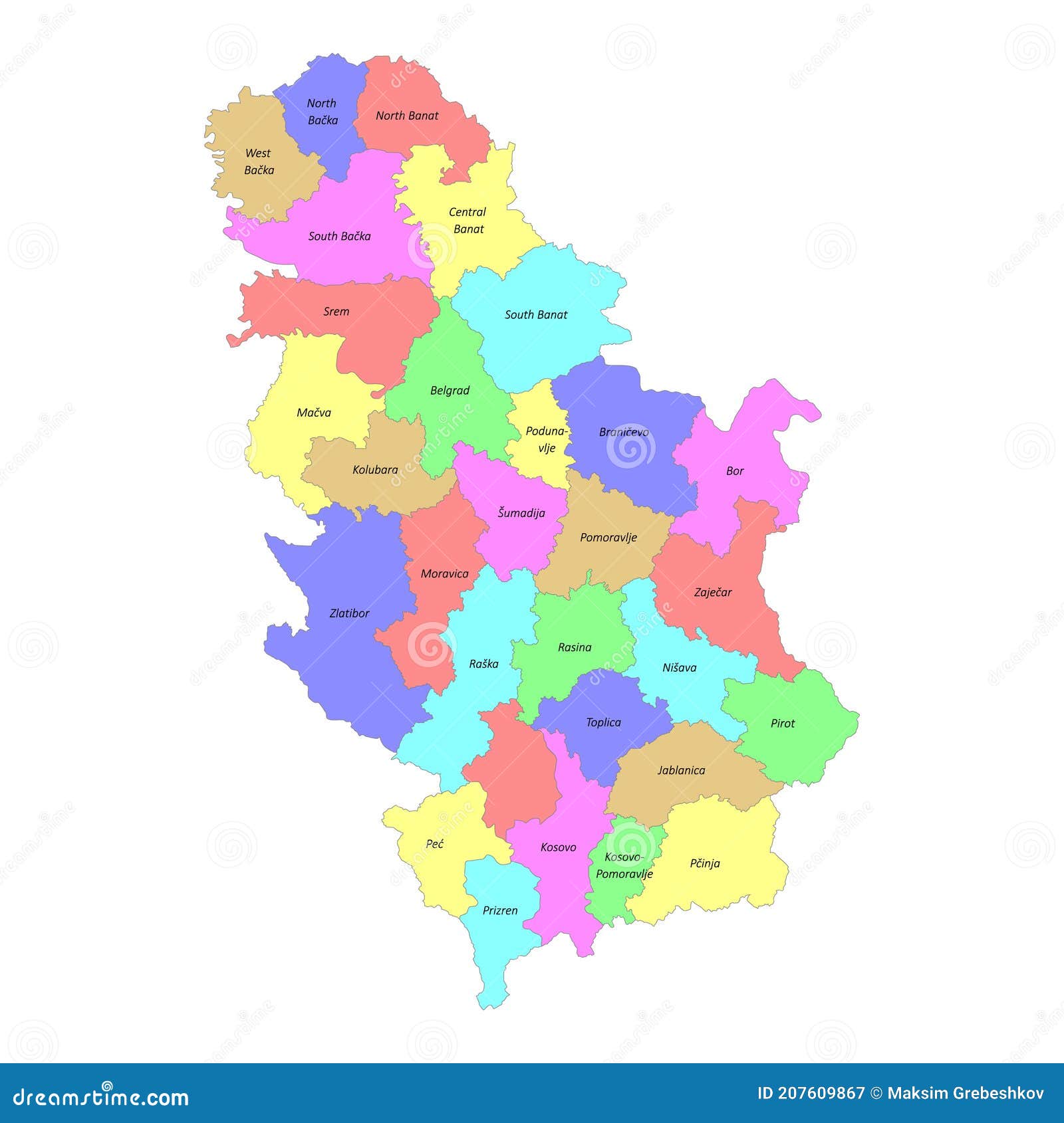 Высокое качество обозначенная карта Сербии с границами регионов Иллюстрацияштока - иллюстрации насчитывающей политическо, карта: 207609867