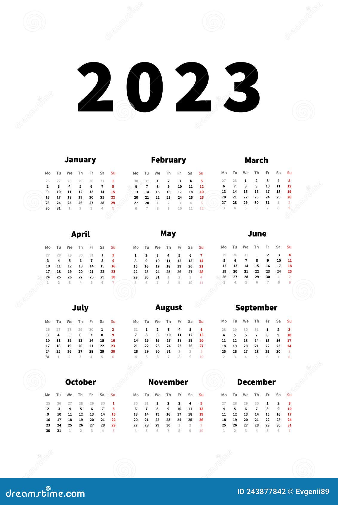 2023 год простой вертикальный календарь в английском языке, изолированный  на белом Иллюстрация вектора - иллюстрации насчитывающей изолировано, дата:  243877842