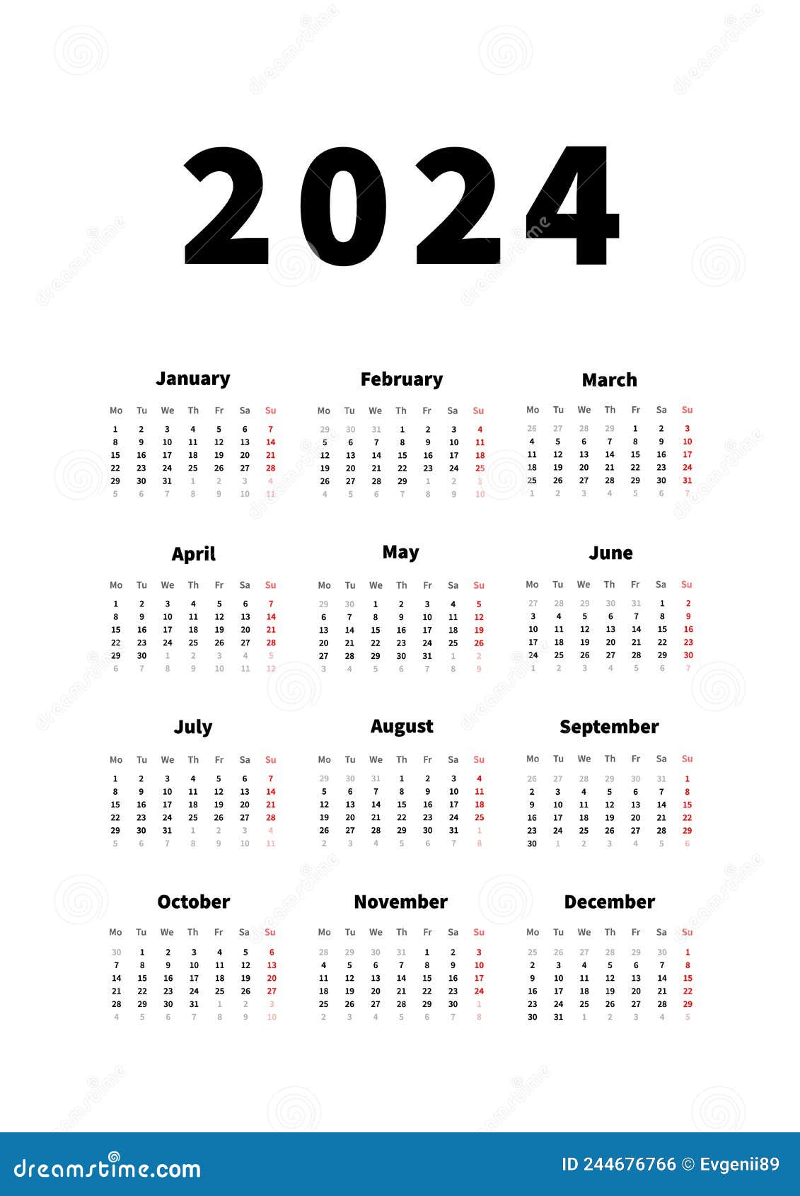 2024 год простой вертикальный календарь в английском языке, изолированный  на белом Иллюстрация вектора - иллюстрации насчитывающей просто,  ежемесячно: 244676766