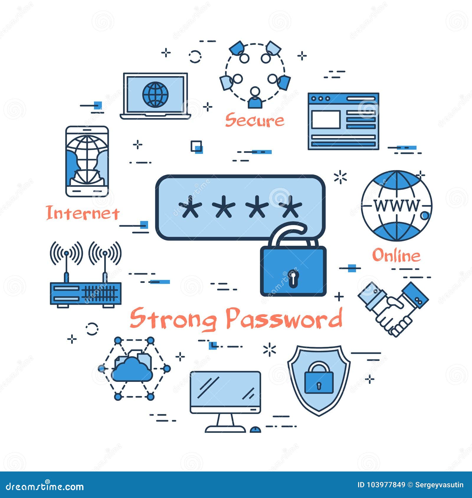 Strong password. Круглая синяя деталь на схеме. Strong password 3d image. Text Alert for strong password.