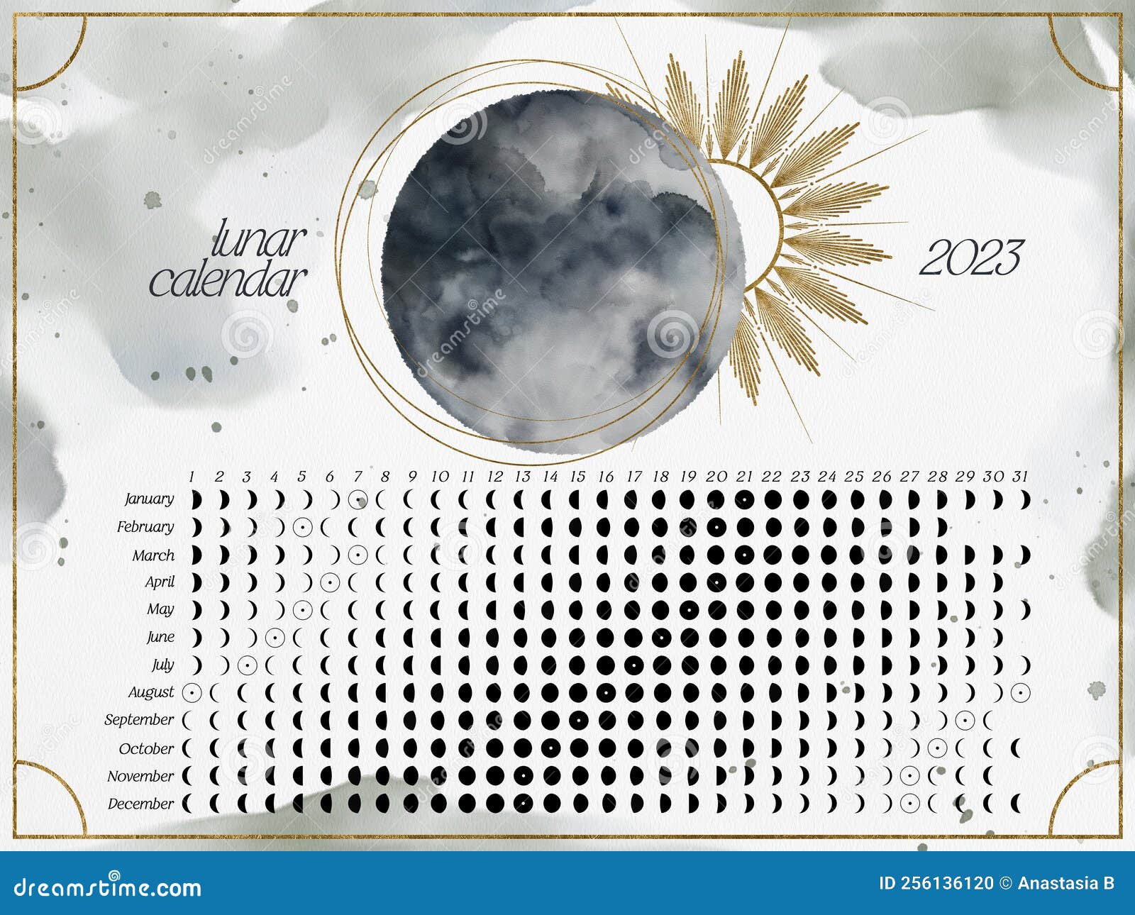 горизонтальный лунный календарь на 2023 год для Южного полушария. календарь  луны с акварельными лунными фазами и золотыми элемента Стоковое Фото -  изображение насчитывающей месяц, художничества: 256136120