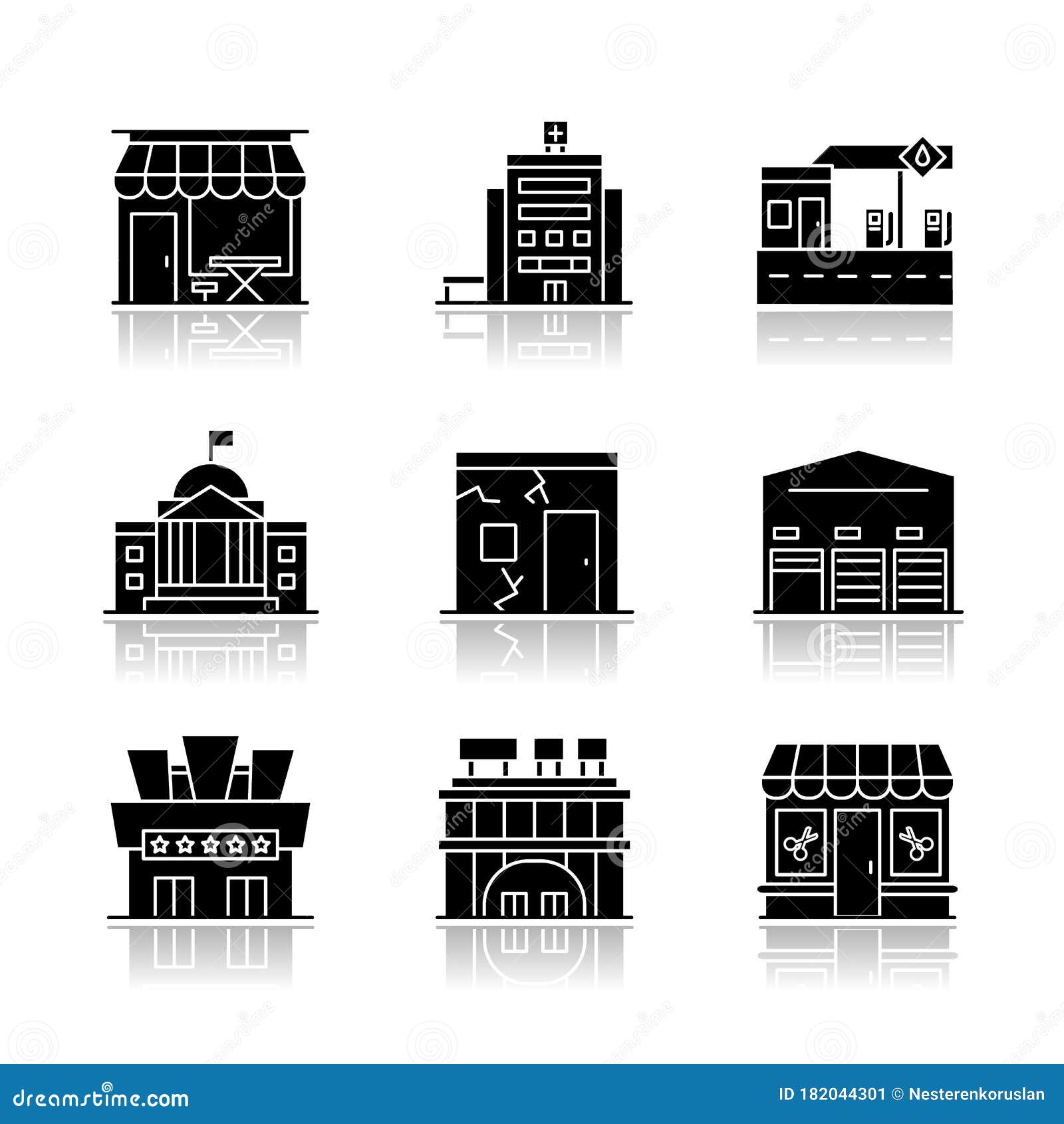 Городские экстерьеры здания падают набор значков Glyph тени черный  Иллюстрация вектора - иллюстрации насчитывающей кафе, глиф: 182044301