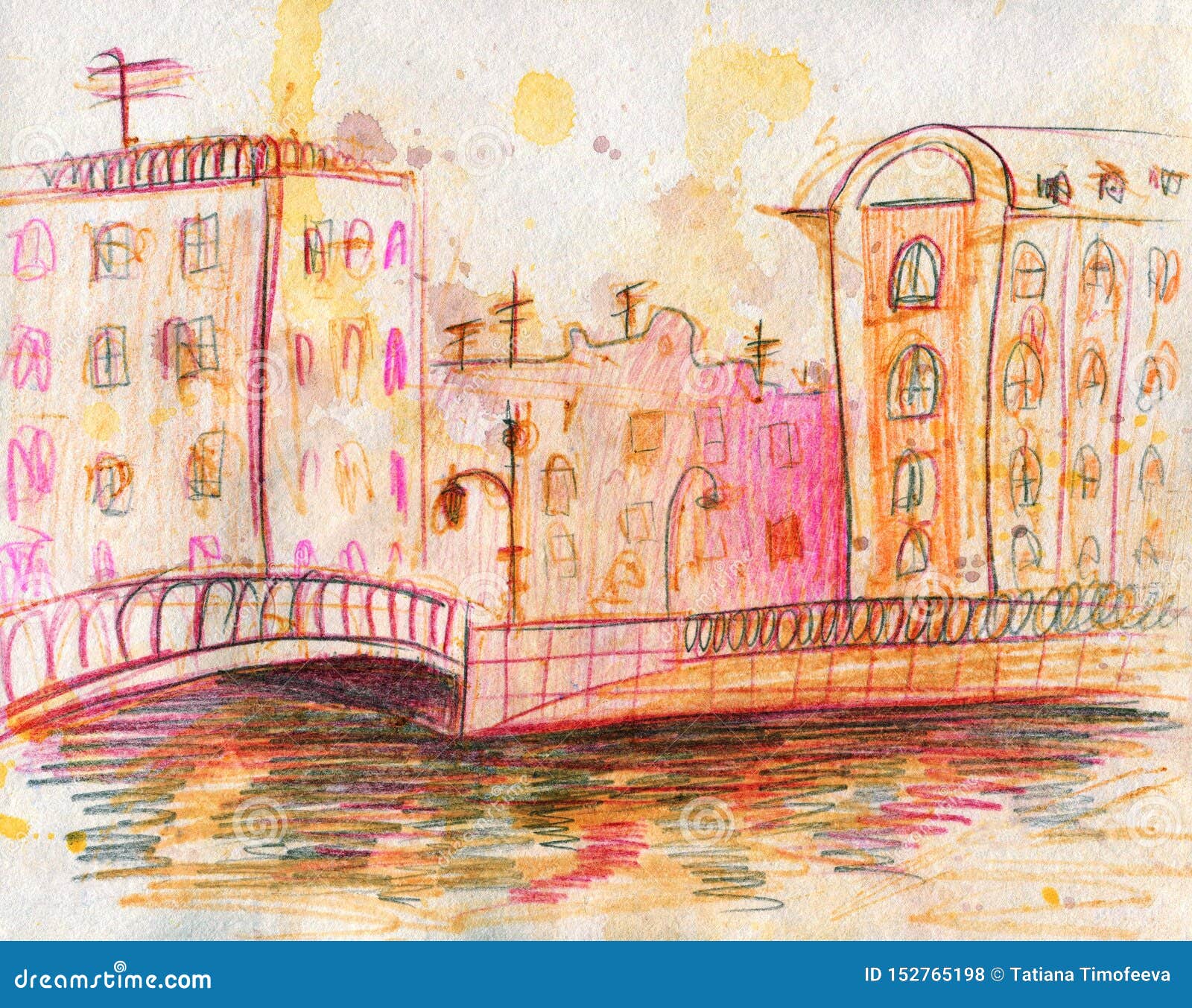 Городской пейзаж акварели O Карандаши цвета Иллюстрация штока - иллюстрации  насчитывающей отражение, карандаш: 152765198