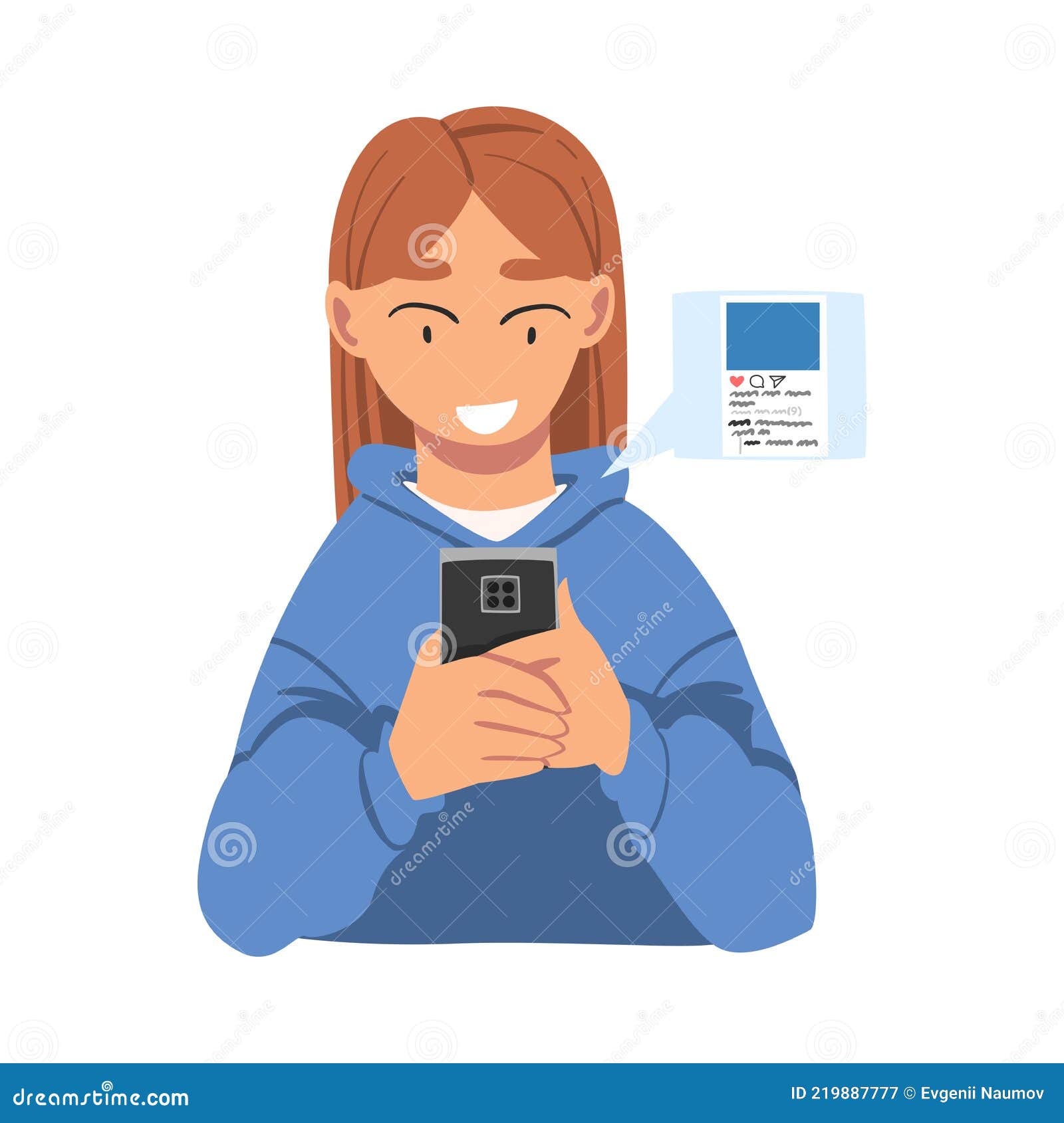 девушка смотрит на смартфоны и болтать улыбающаяся девочка подростка вектор  иллюстрации Иллюстрация вектора - иллюстрации насчитывающей шарж,  передвижно: 219887777