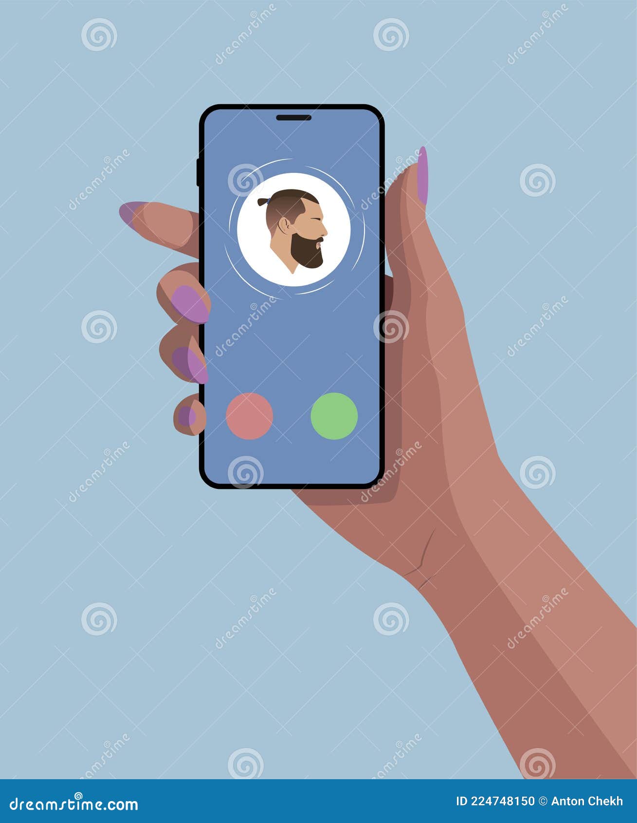девушки рука со смартфоном. телефон. входящий звонок. значок контакта с  бородатым мужчиной на экране. синий фон. Иллюстрация вектора - иллюстрации  насчитывающей интернет, дело: 224748150