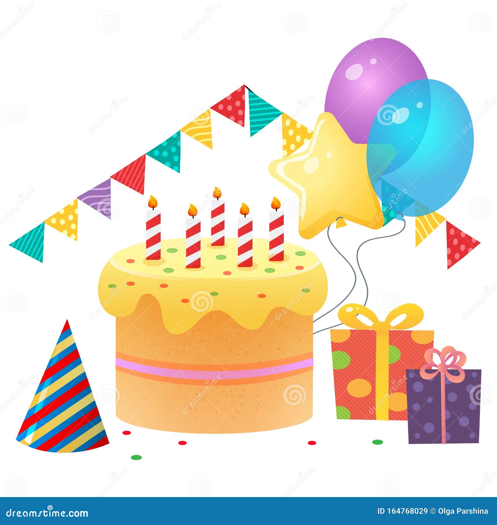 День рождения детей Цветное изображение праздничного торта с подарками и  шариками на белом фоне Веселое приглашение Вектор Иллюстрация вектора -  иллюстрации насчитывающей партия, свечки: 164768029