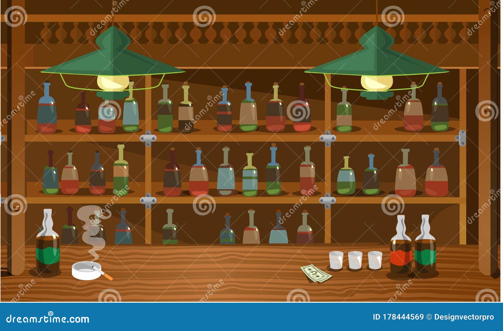 Деревянный бар в старом стиле Дикого Запада с выпивкой Иллюстрация вектора - иллюстрации насчитывающей подкова, шарж: 178444569