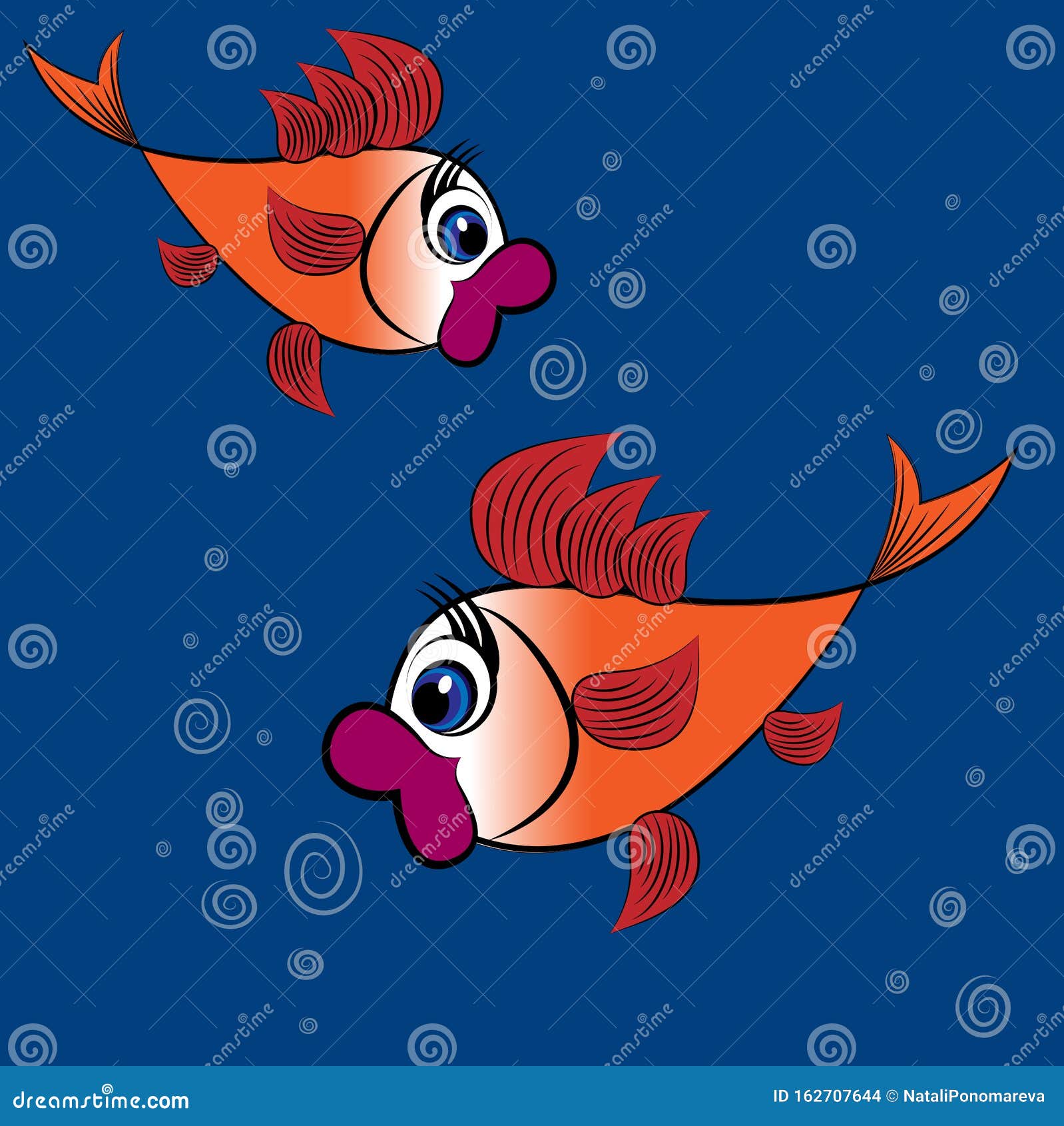 Детская иллюстрация, дизайн, узор - пара удивленных золотых рыб с большими  красными губами и огромными глазами на фоне синего Иллюстрация штока -  иллюстрации насчитывающей картина, пары: 162707644