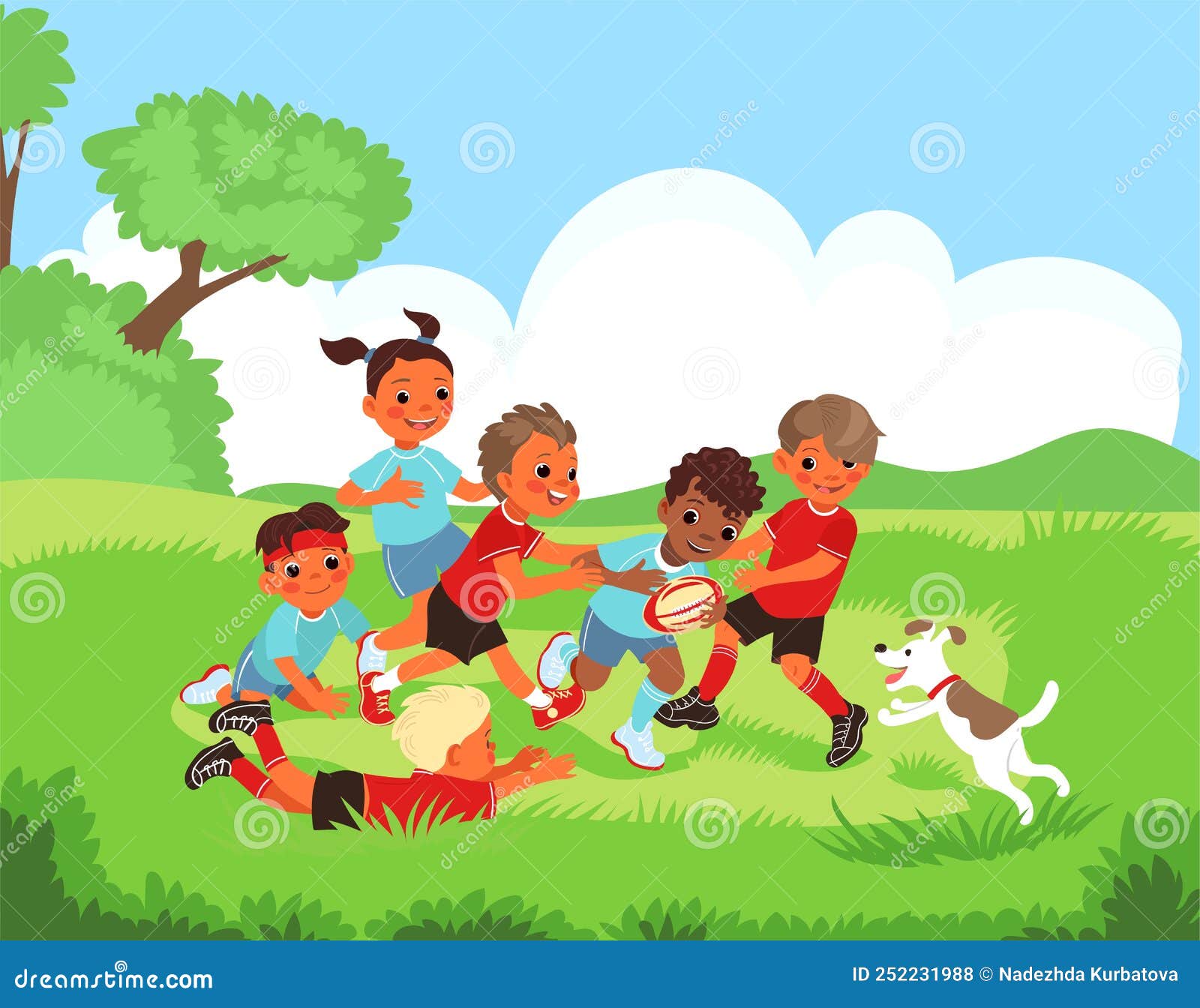 детский спорт. Дети играют в регби в парке. мальчики и девочки веселятся.  молодые спортсмены с мячом Иллюстрация вектора - иллюстрации насчитывающей  браслетов, шарж: 252231988