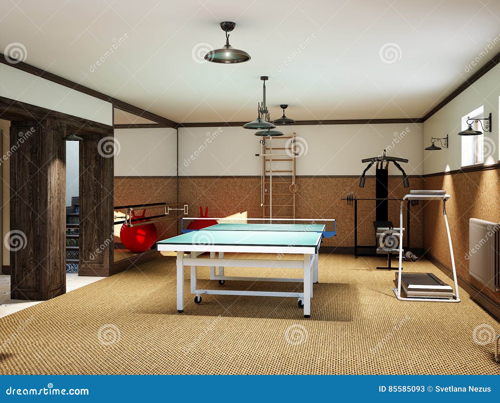 Домашний спортзал в подвале с настольным теннисом оборудования и фитнеса Стоковое Изображение - изображение насчитывающей стенд, пригодность: 85585093