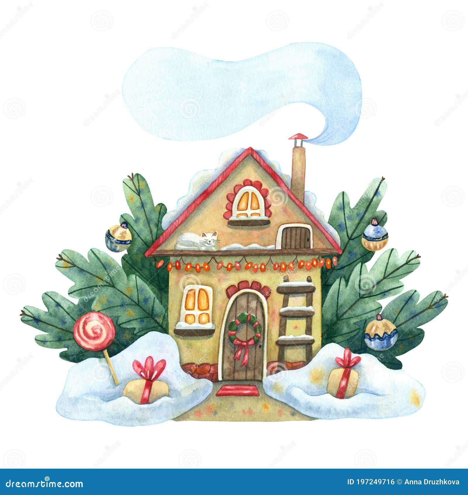 Дом в зимний период рождества сугробы и ветви ели окружили акварели.  Иллюстрация штока - иллюстрации насчитывающей больш, ель: 197249716