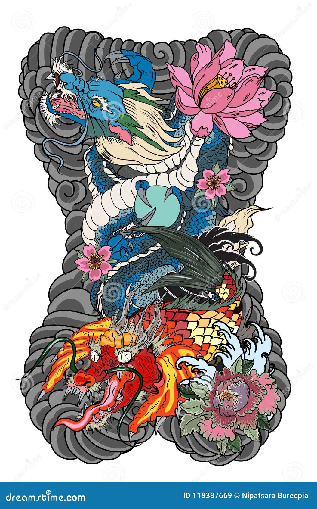 Дракон с драконом Koi и татуировкой цветка лотоса персик с Сакурой и слива  цветут на предпосылке облака Иллюстрация вектора - иллюстрации  насчитывающей конструкция, декоративно: 118387669