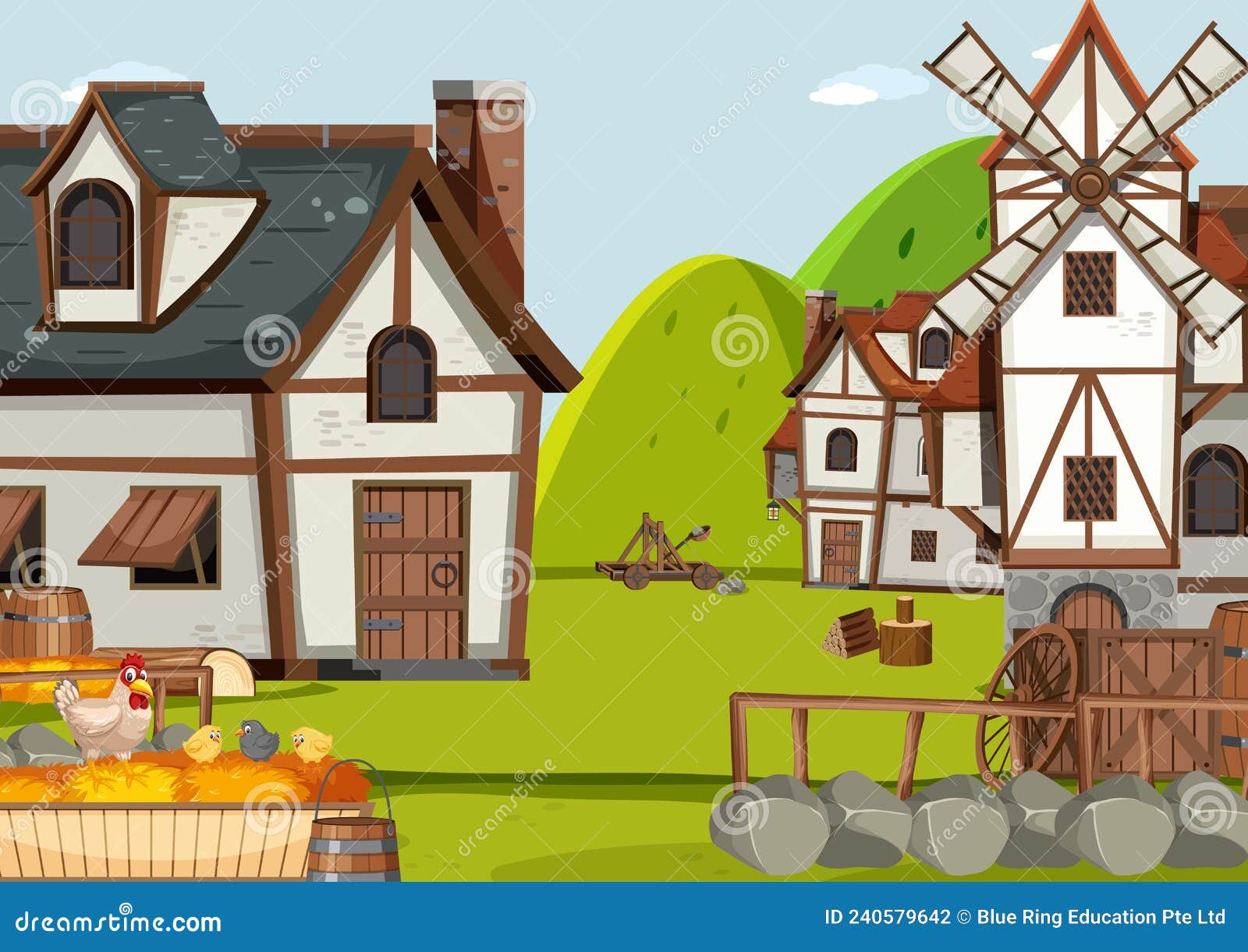 Древняя средневековая деревня Иллюстрация вектора - иллюстрации  насчитывающей среда, строя: 240579642