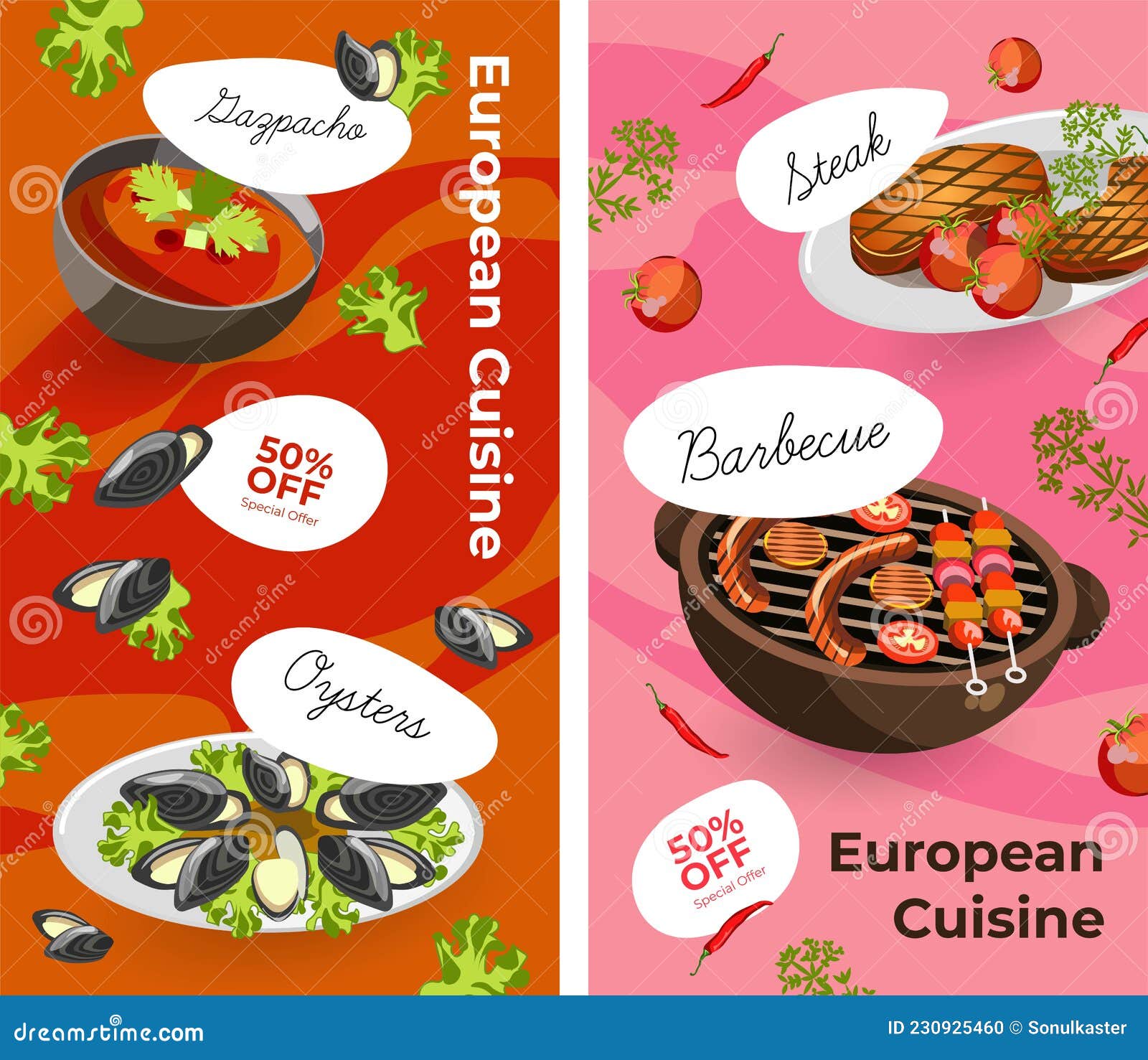европейская кухня с рекламой и продажами Иллюстрация вектора - иллюстрации  насчитывающей тарелка, хрустящий: 230925460