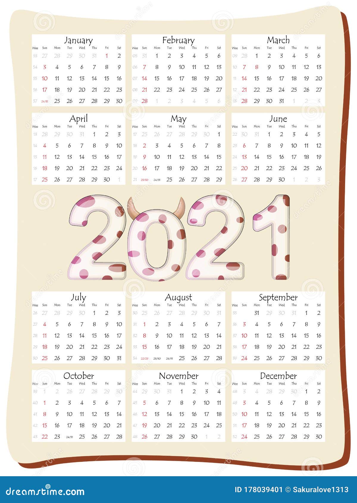 Ежегодный календарь на 2021 год 12 месяца шаблона календаря в вертикальной  ориентации с красивой надписью 2021 с символом Иллюстрация штока -  иллюстрации насчитывающей офис, удачливейше: 178039401
