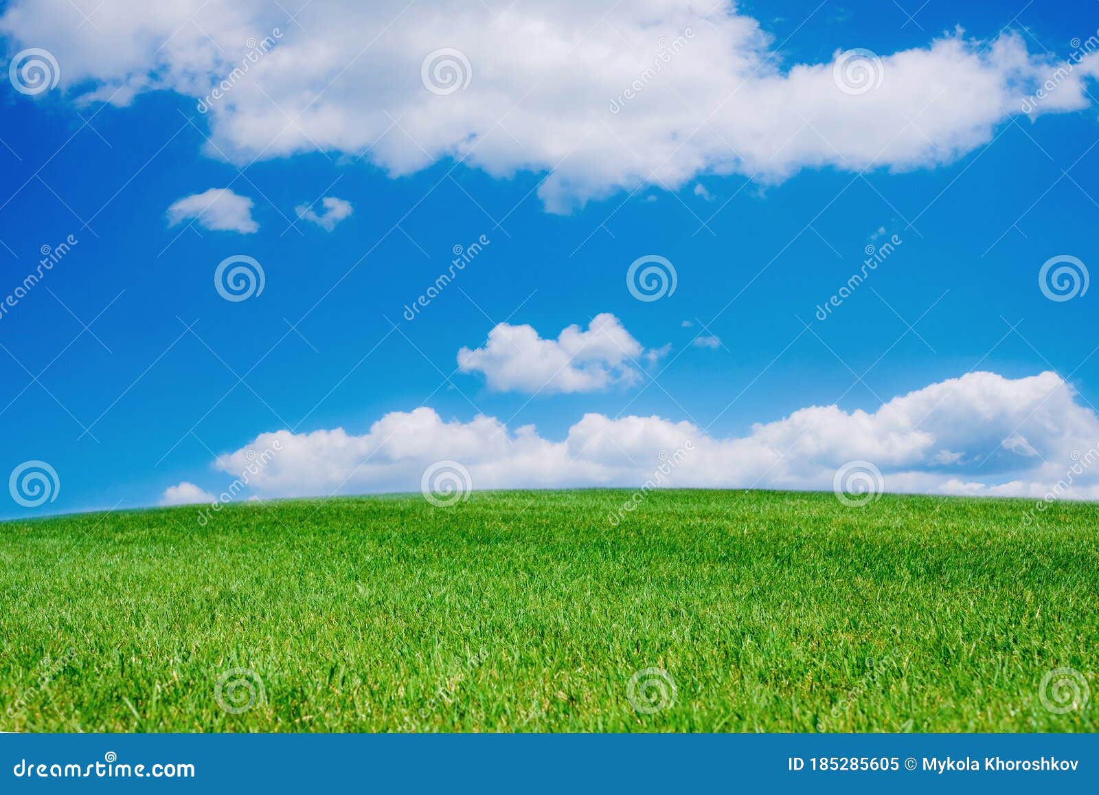 Зеленое поле и яркая голубая фон природы облачного неба Стоковое Изображение - изображение насчитывающей яркое, день: 185285605