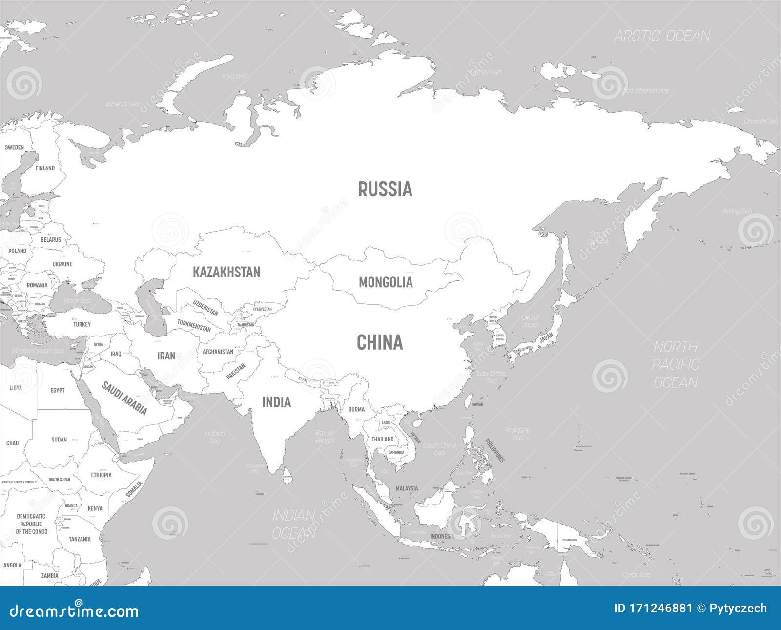White asia. Карта Азии белая. Политическая карта Азии. Карта морей азиатского континента. Карта Азии белая с границами.