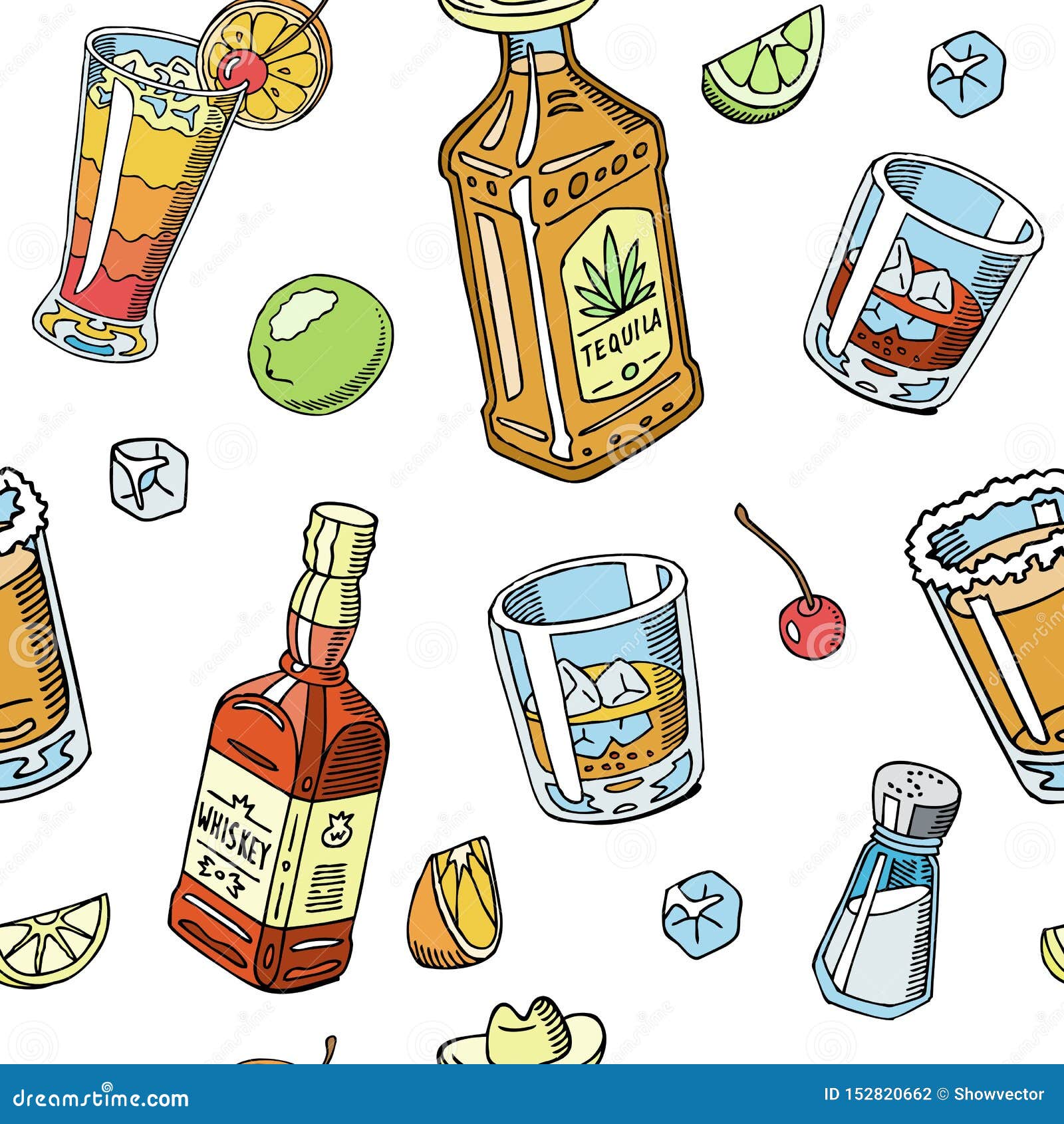 Иллюстрация вектора картины напитка текила и вискиа жидкостная безшовная Алкоголь с закусками, бутылками Коктейль и Иллюстрация вектора - иллюстрации насчитывающей кубик, стекло: 152820662