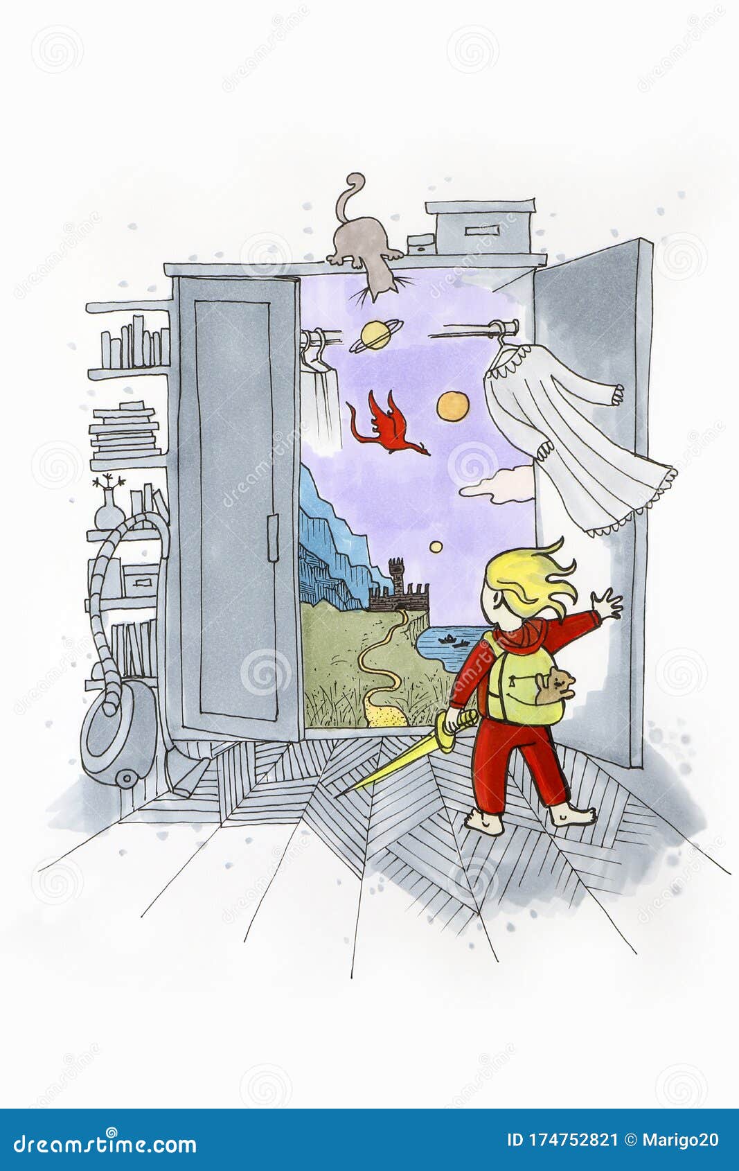 Иллюстрация героя ребенка открытия новый невидимый мир в своей комнате  Иллюстрация штока - иллюстрации насчитывающей незримо, дракон: 174752821