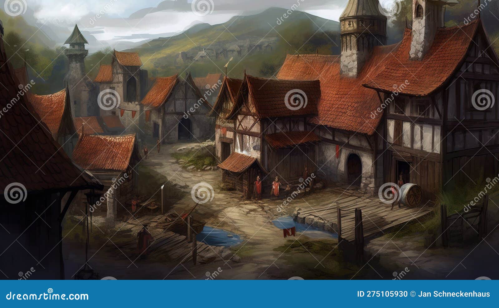 иллюстрация маленькой средневековой деревни фантазий. средневековая  фантазия. Иллюстрация штока - иллюстрации насчитывающей экстерьер, город:  275105930
